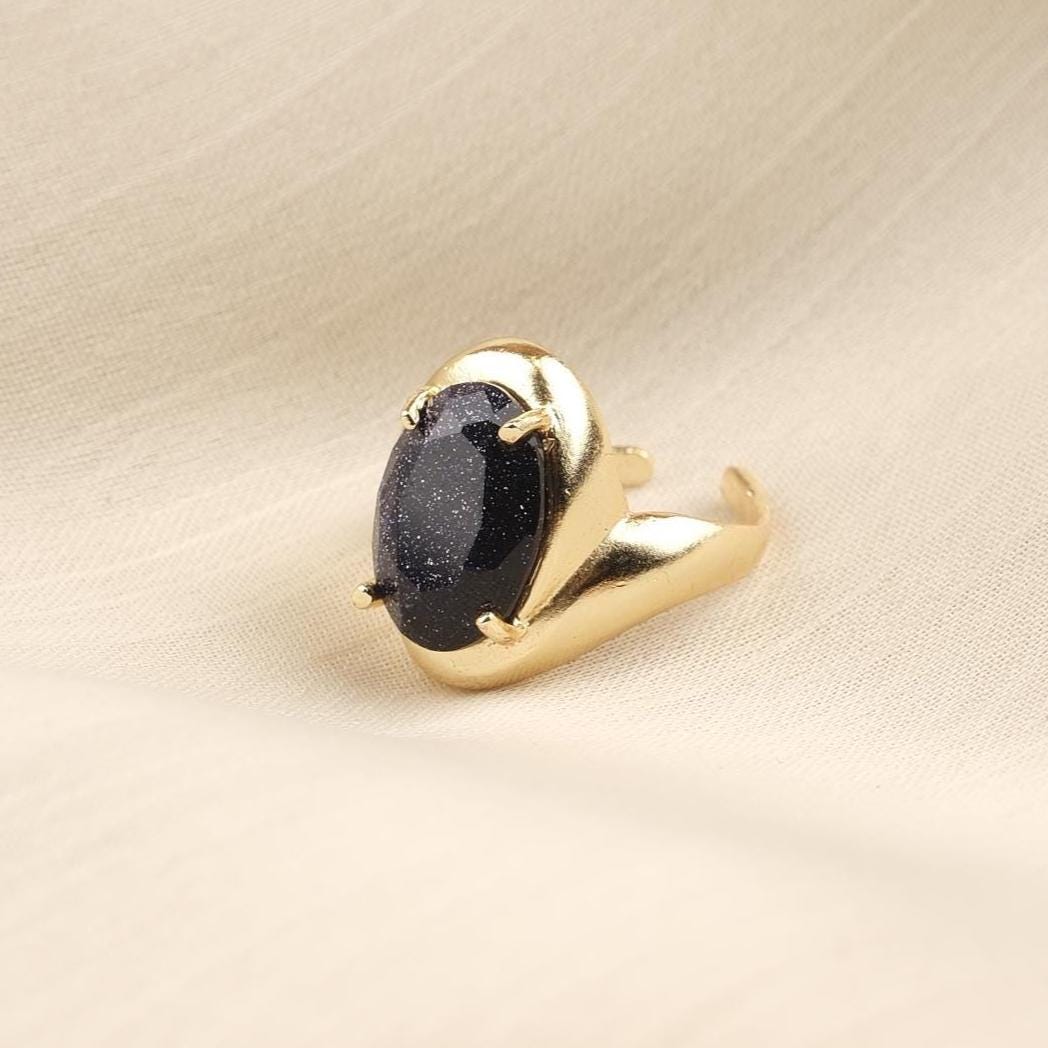Handmade Shiny Ring , Gemstone Antique Looking And Vintage Style Gold Plated Adjustable , Elegant Oval Cut Statement Design Gift for Her