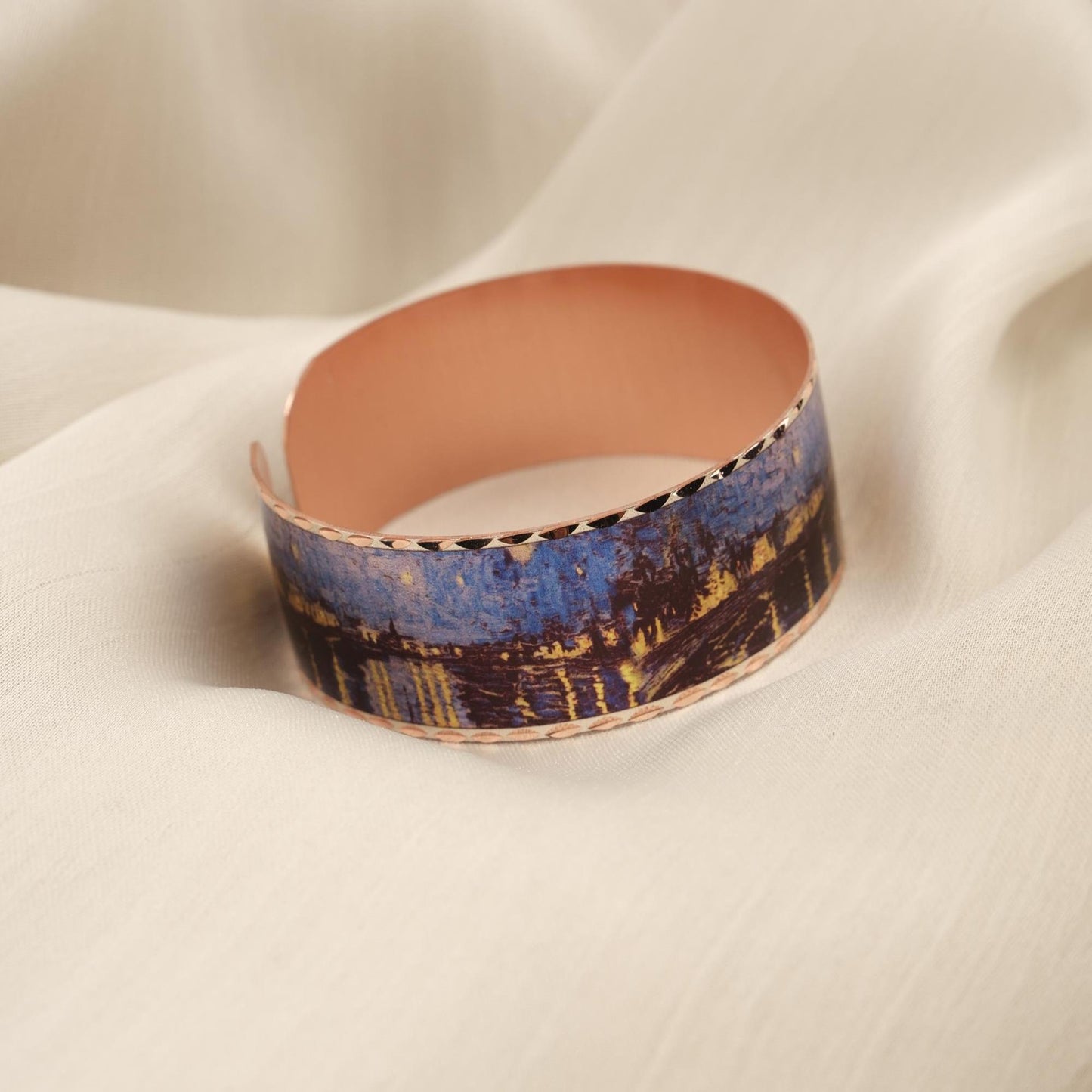 Vincent Van Gogh "Starry Night Over the Rhône" Bracelet, Pure Copper, Handmade Adjustable Artistic Cuff, Antique Looking Vintage Style Gift