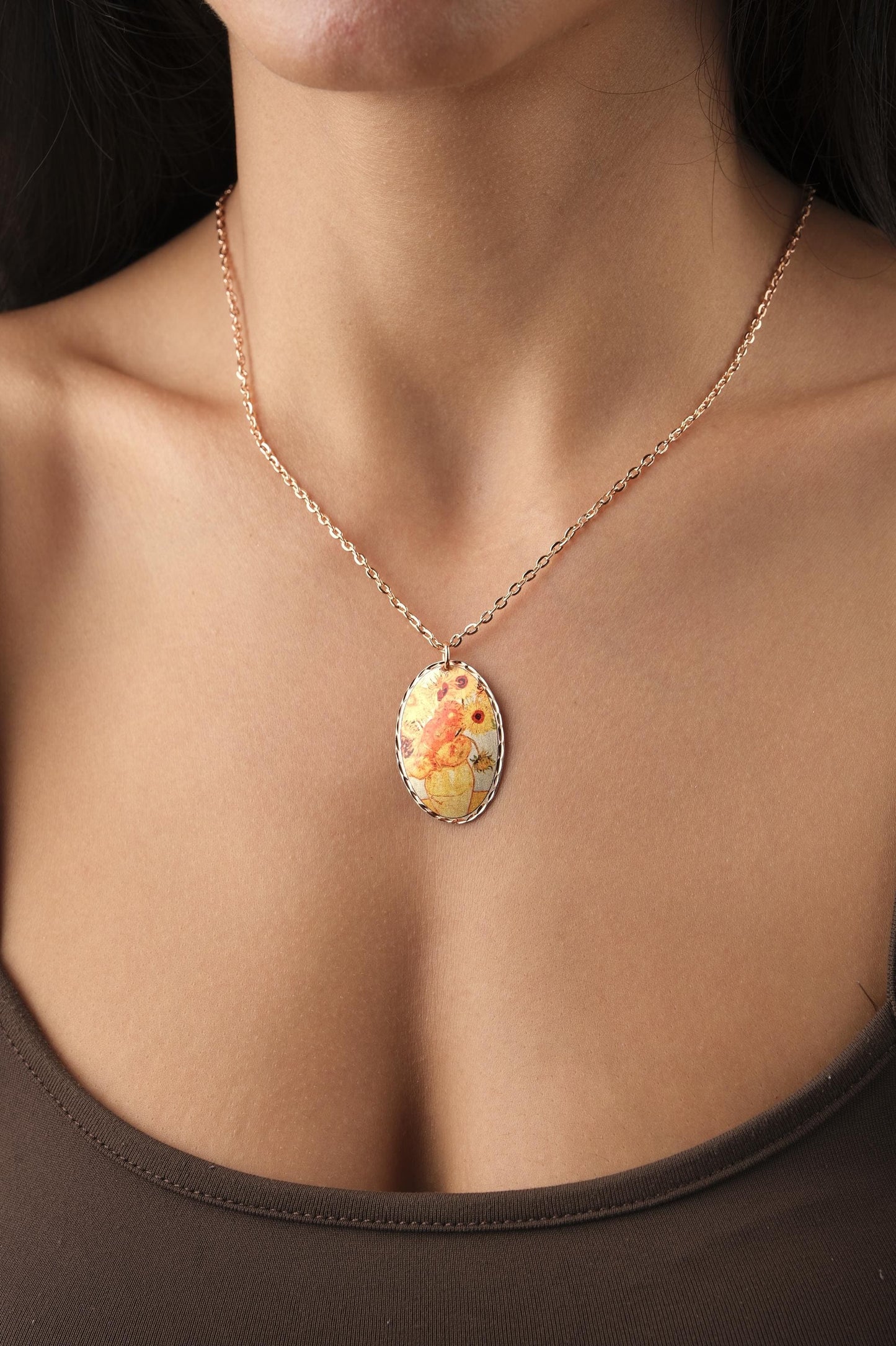 Vincent van Gogh "Vase with Fifteen Sunflowers" Necklace in Pure Copper, Artistic Pendant, Handmade & Antique Looking Vintage Style Gift