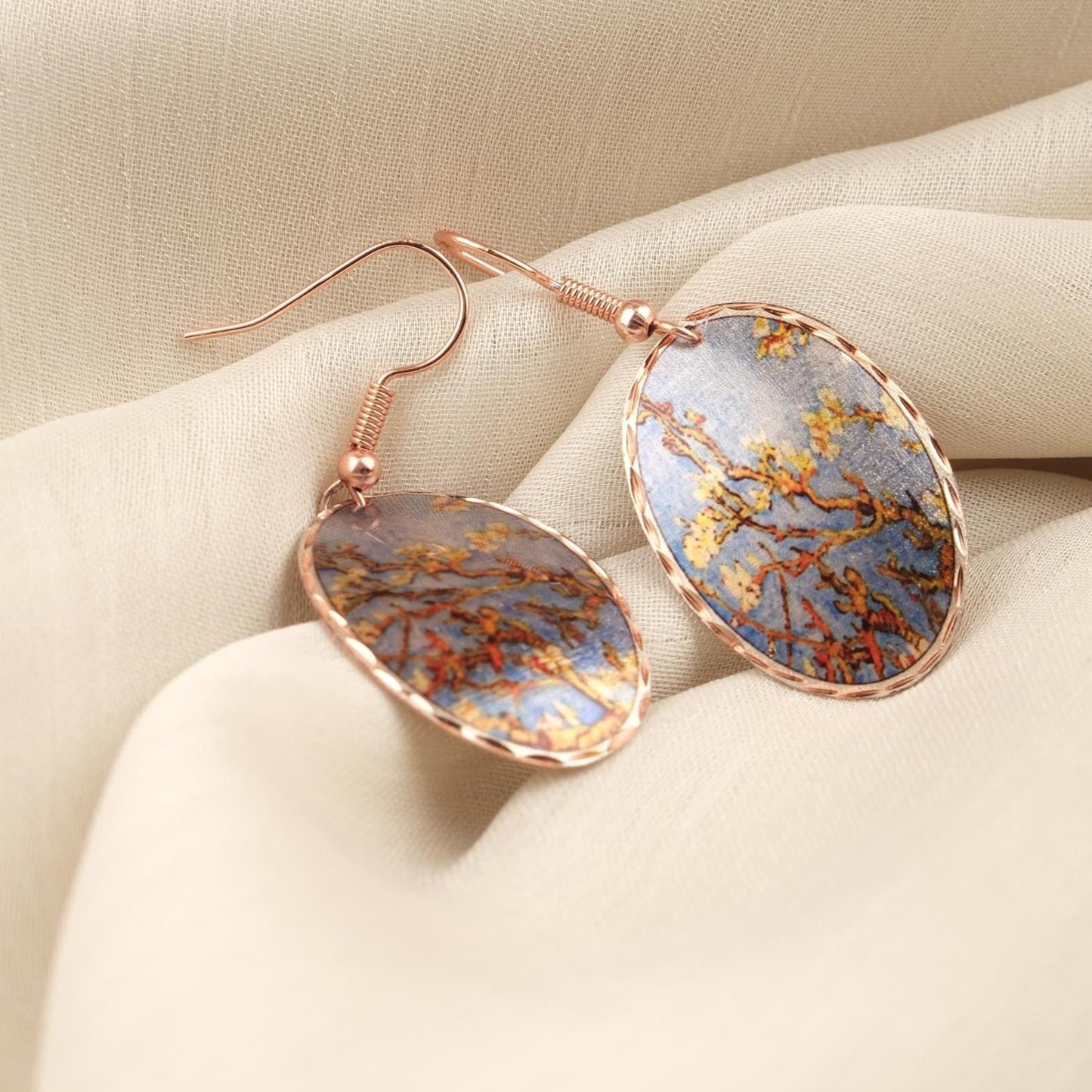 Vincent van Gogh “Almond Blossoms” Dangle Earrings in Pure Copper, Artistic Design | Handmade Vintage Style, Antique Looking Gift
