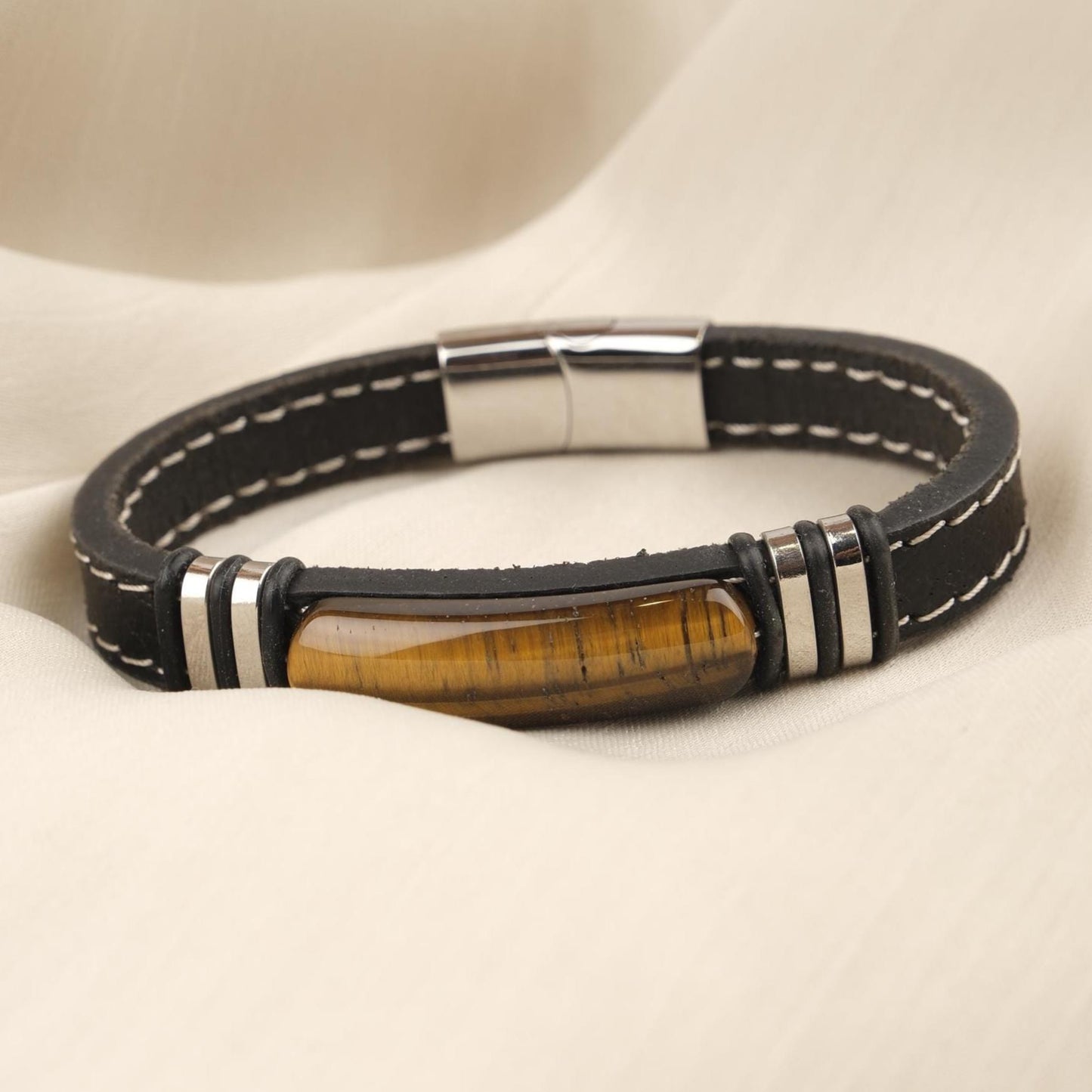Handmade Tiger’s Eye and Ox Leather Men’s Bracelet, Bold and Classy Design with Titanium Lock, Natural Gemstone Jewelry | 22 cm (8.66 in)