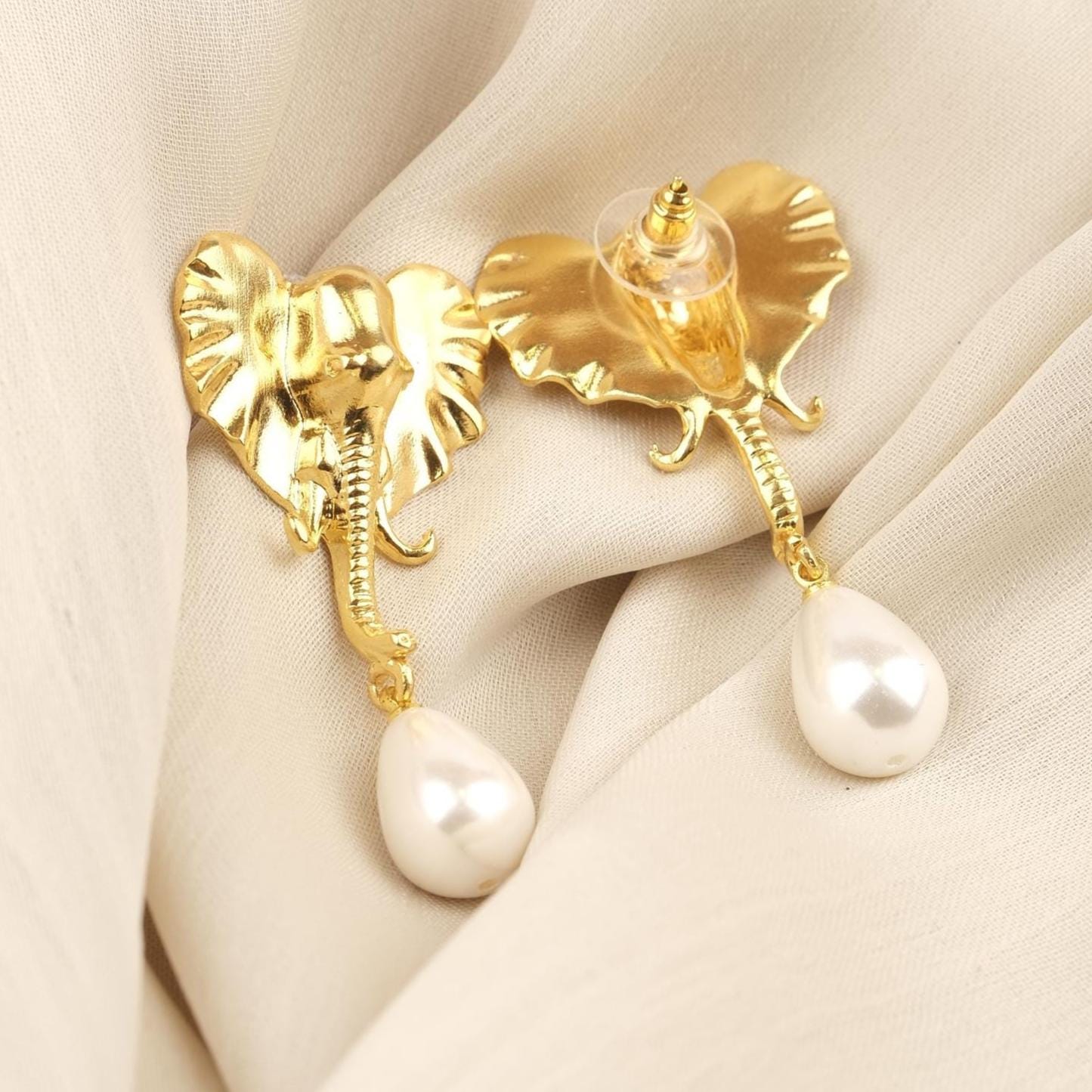 Handmade Gold Elephant Stud Earrings with Teardrop Faux Pearl, Cute Animal Design Jewelry, Playful and Elegant Antique Looking Gift Idea