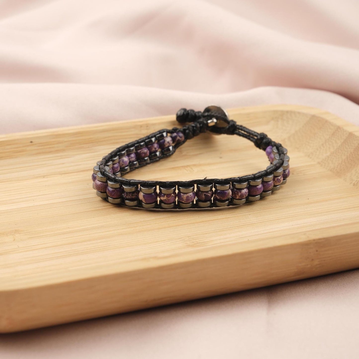 Stone of Clarity, Amethyst & Leather Bracelet for Men, Purple Crystal Bracelet Gift with Hematite, Stylish Wristband, 21cm / 8.26in