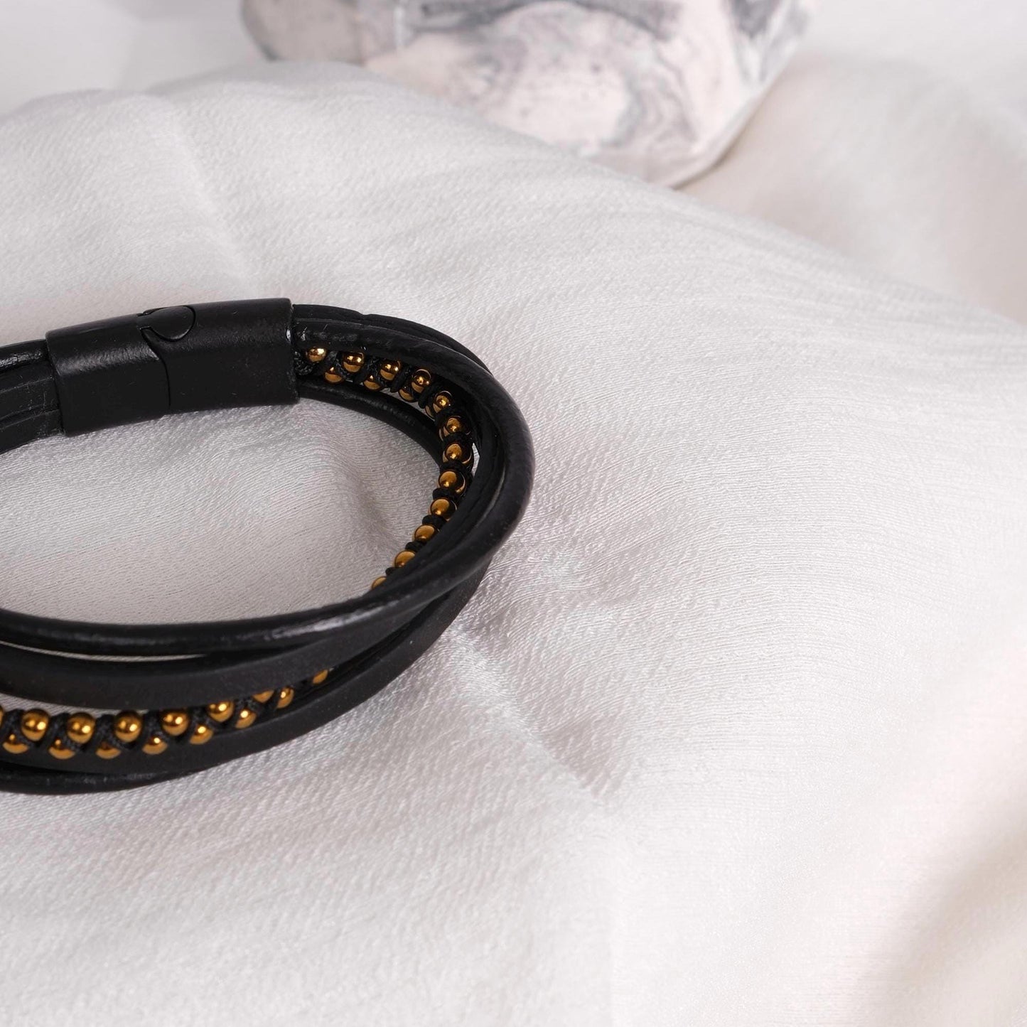 Black Genuine Leather Bracelet for Men with Gold Beads, Statement Jewelry Gift for Him