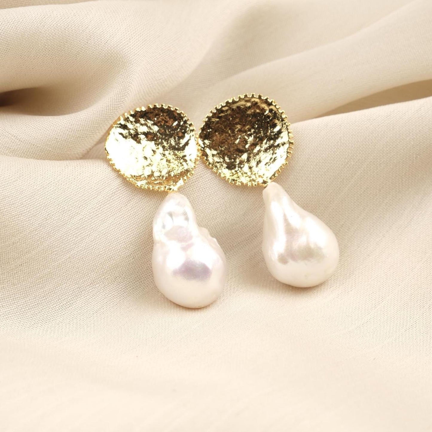 Handmade Genuine Baroque Pearls, Gold Plated Earrings With Antique Looking Design, Vintage Style Statement Studs With Organic Gemstone Charm