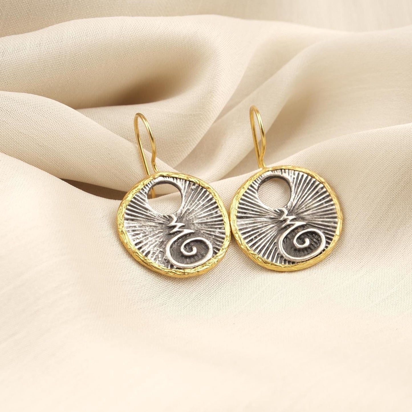 Handmade Abstract Chakra Dangles, Symbol Earrings, Dual Tone Gold Plated Bohemian Jewelry, Unique Artistic Design With Spiritual Symbolism