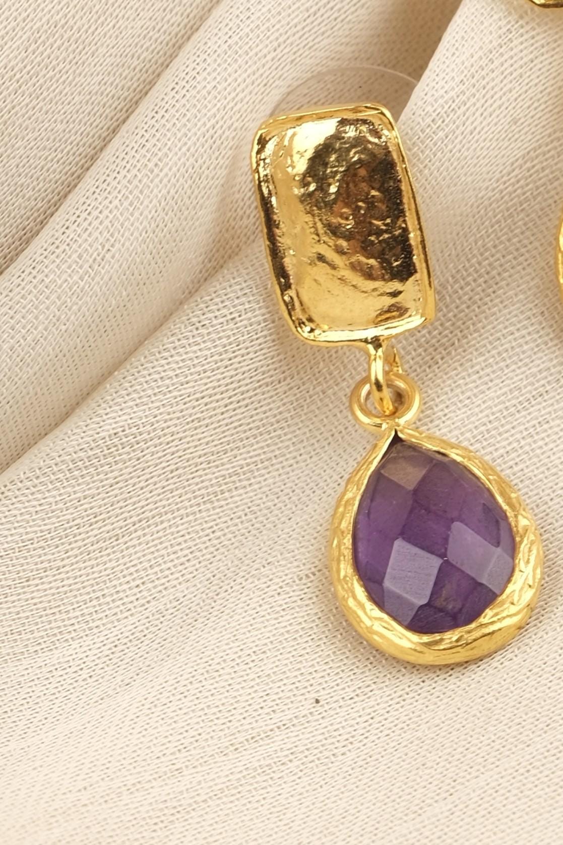 Handmade Gold Plated Stud Earrings with Birthstone Amethyst Gemstone, Elegant Drop Design, Antique Looking Jewelry, Unique Gift for Her