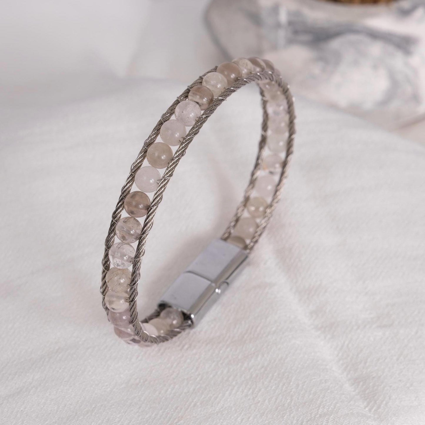 Silver & White Gemstone Wrapped Men's Bracelet in Silver 22cm Genuine Leather , Gemstone, Durable, Stylish Gift for Him