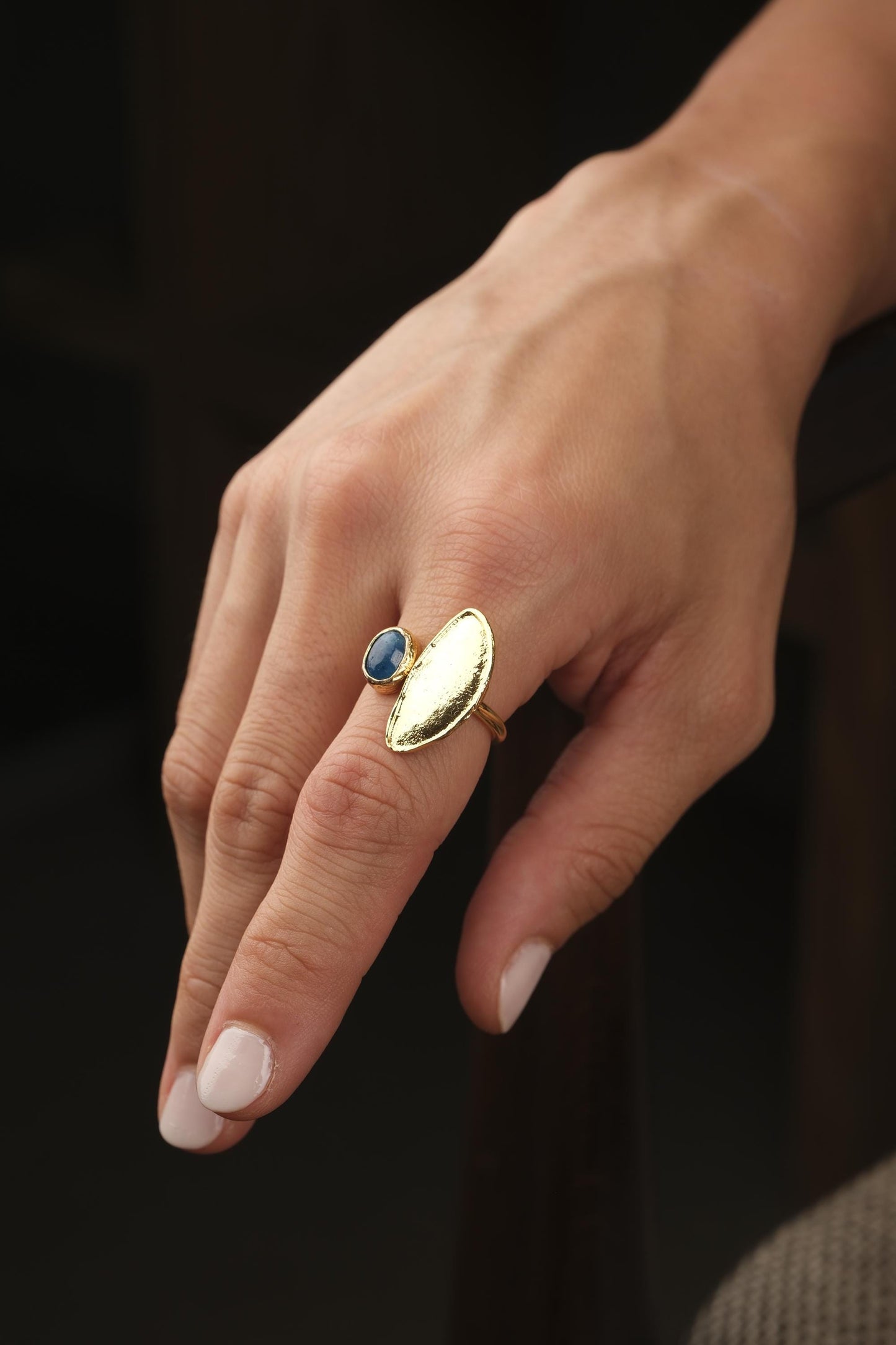 Handmade Classic Artistic Sodalite Gemstone, Antique Looking And Vintage Style Gold Plated Ring With Minimal Sculptural Design Accent