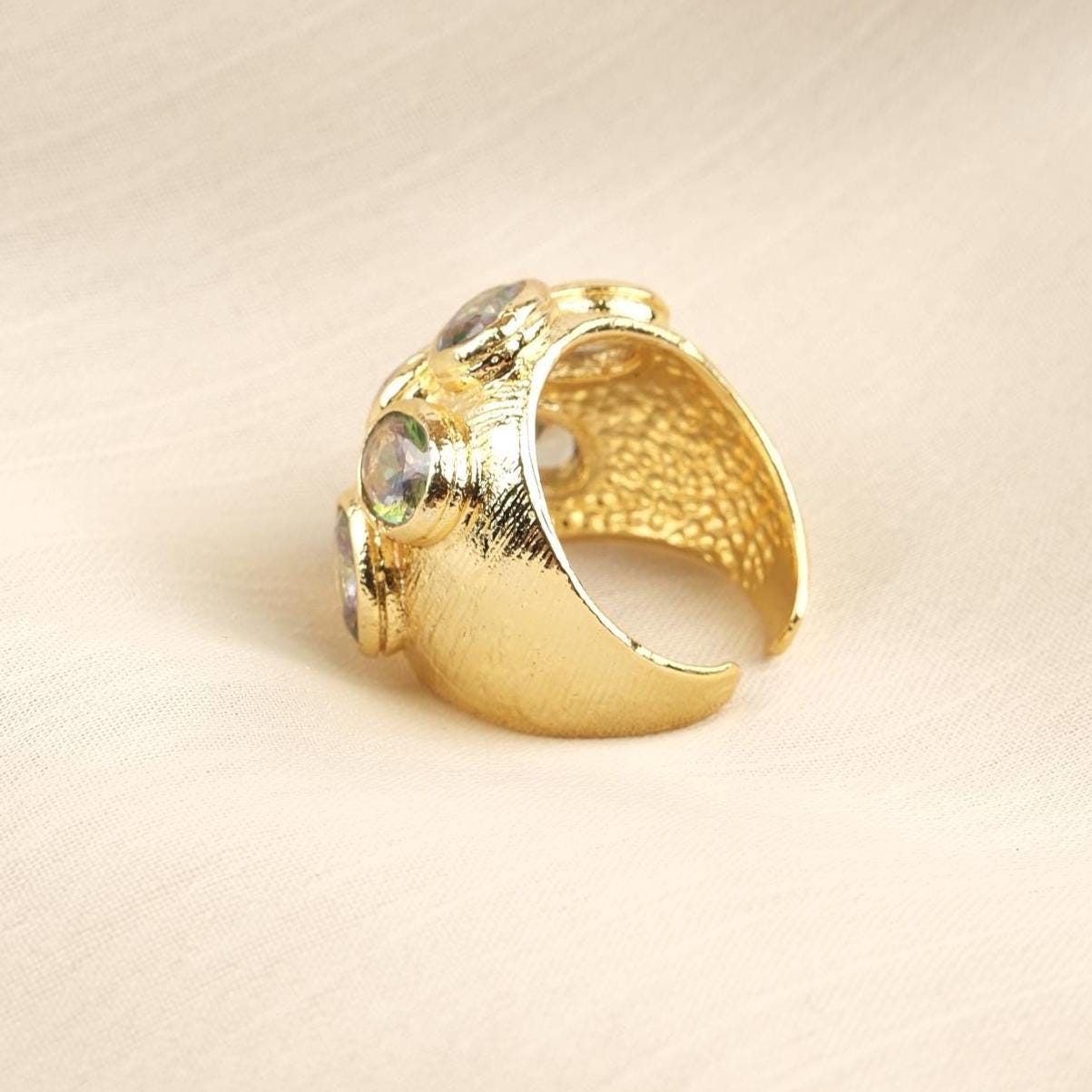 Handmade Ottoman Style Ring With Green Gemstone Cluster, Antique Looking And Vintage Style Gold Plated Ring With Regal And Artistic Details
