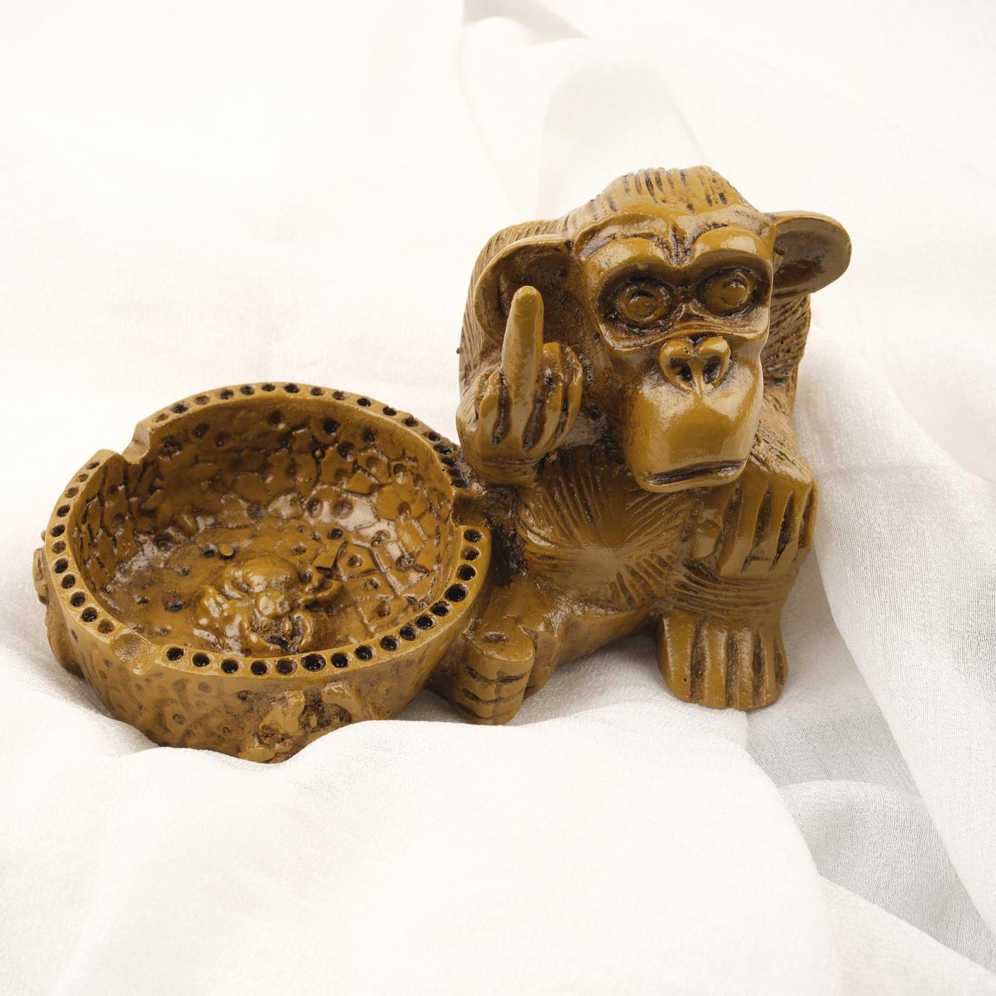 Gold Big Middle Finger Monkey Ashtray | Funky Smoking Accessories Gift, Cool Portable Ashtray – 15x9cm Handmade HEAVY ITEM 1LBS