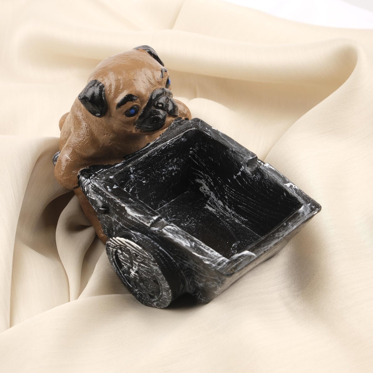 Green Pug Dog Ashtray in Wheelbarrow Cart, Cute Animal Smoking Tray, Handcrafted Dog Lover Gift Whimsical and Functional Decor, 16x9x12cm