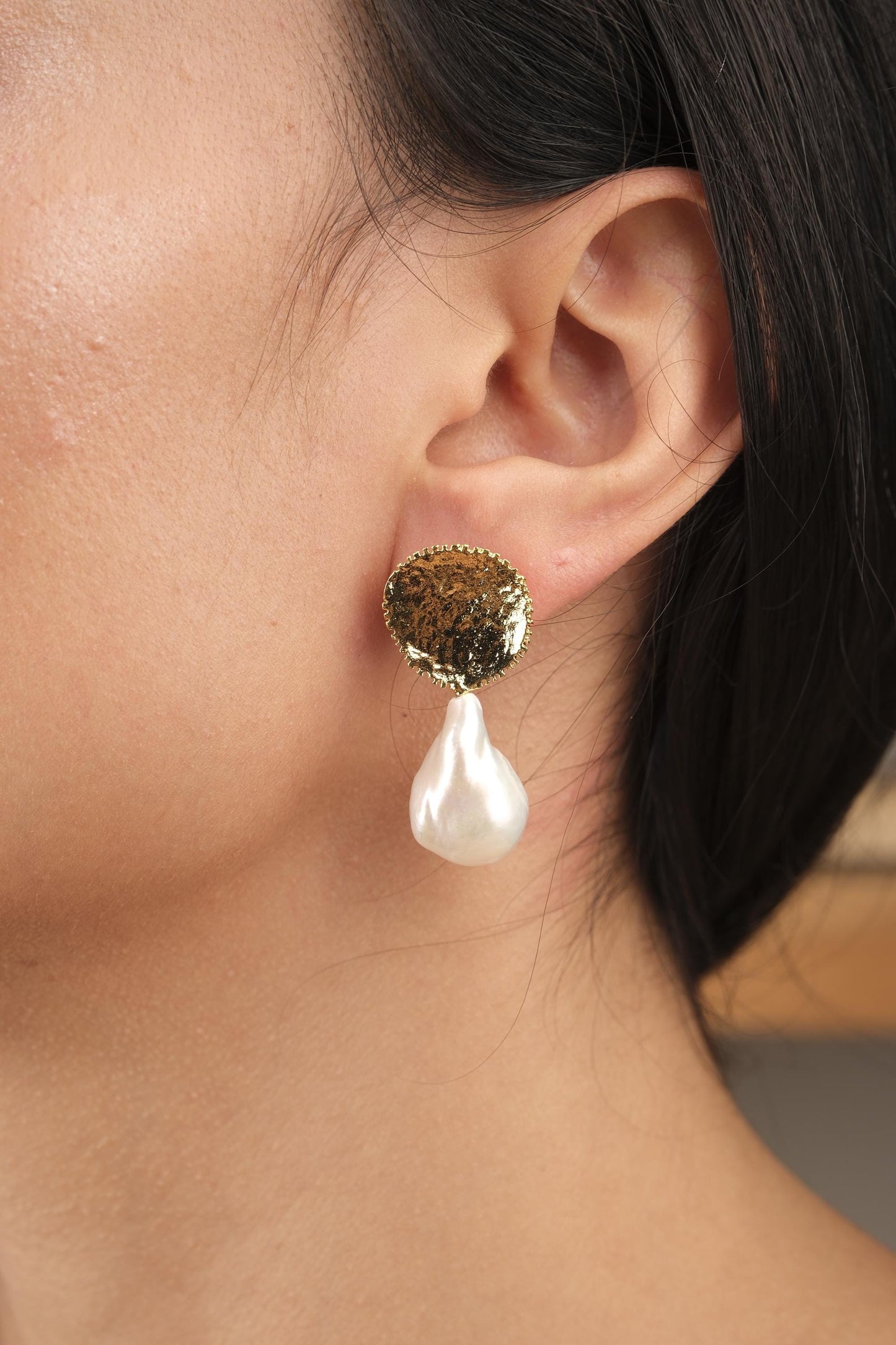 Handmade Genuine Baroque Pearls, Gold Plated Earrings With Antique Looking Design, Vintage Style Statement Studs With Organic Gemstone Charm
