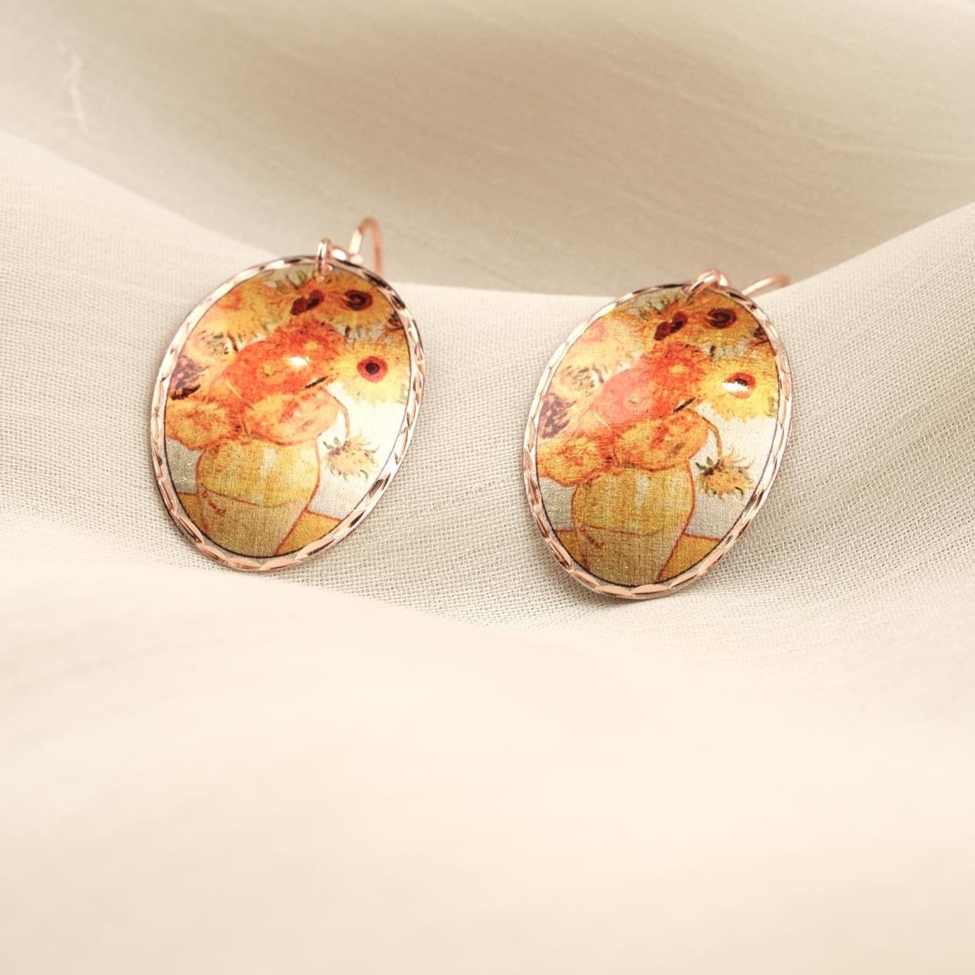 Vincent van Gogh “Vase with Fifteen Sunflowers” Dangle Earrings in Pure Copper, Artistic Design, Handmade Vintage Style Antique Looking Gift