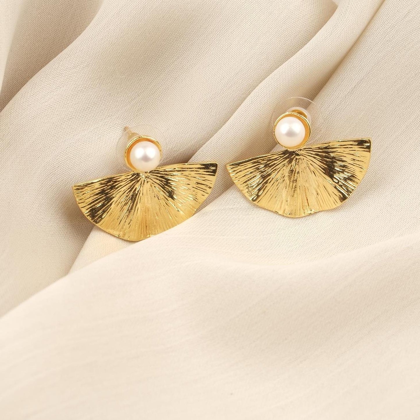 Handmade Shell & Genuine Pearl Stud Earrings, Gold Plated Antique Style Fresh Water Pearls, Shell Design with Faux Pearl, Vintage Inspired