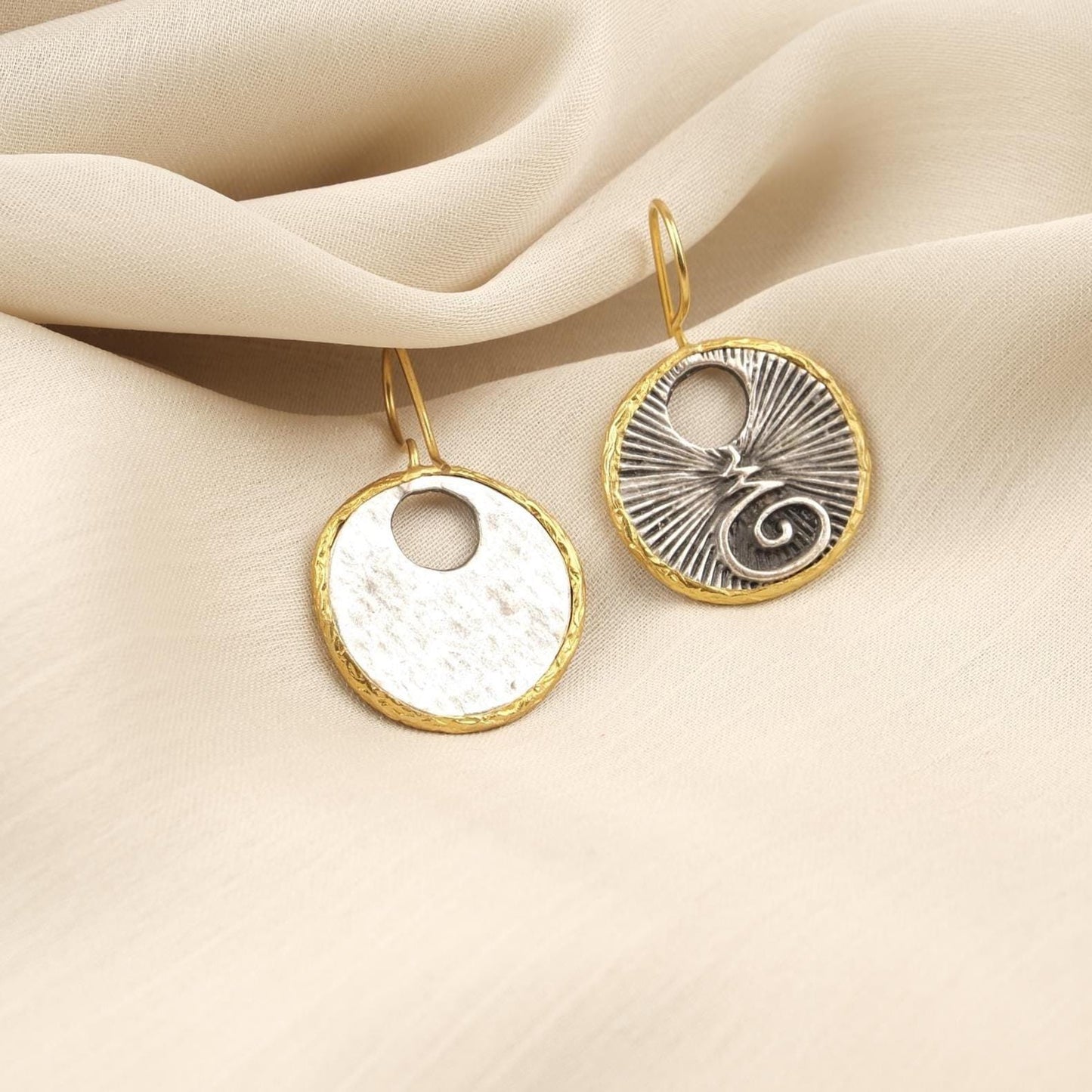 Handmade Abstract Chakra Dangles, Symbol Earrings, Dual Tone Gold Plated Bohemian Jewelry, Unique Artistic Design With Spiritual Symbolism