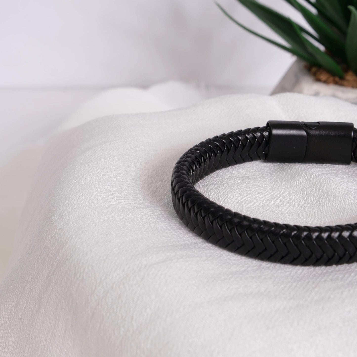 Matte Black Braided Leather Men's Bracelet 22cm, Minimalist Genuine Leather Wristband with Magnetic Clasp | Bold Modern Gift for Him