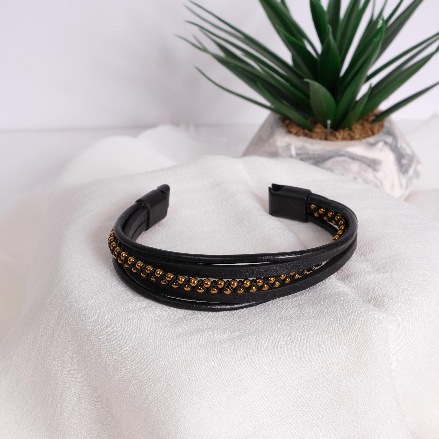Black Genuine Leather Bracelet for Men with Gold Beads, Statement Jewelry Gift for Him
