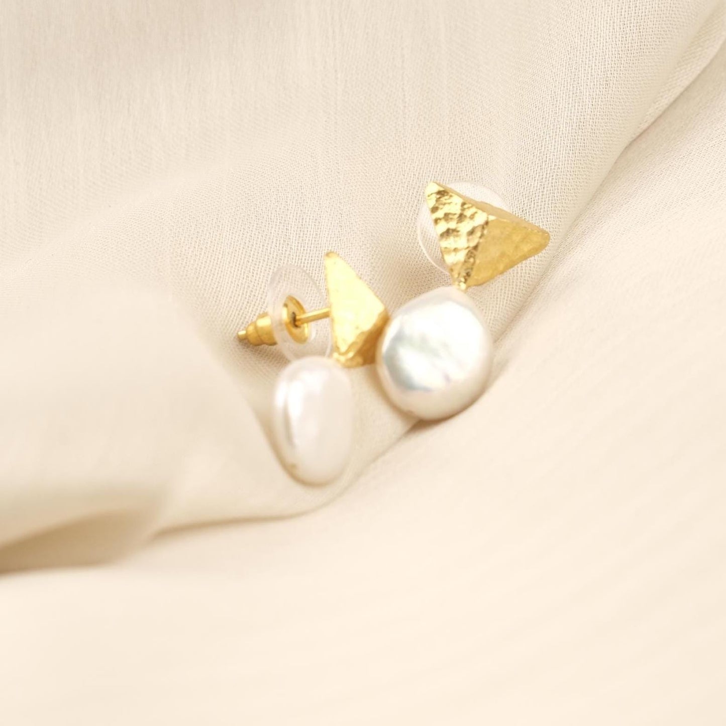 Handmade Genuine Pearl Stud Earrings, Pyramid Style Textured Gold Plated Design, Minimalist Chic Jewelry for Women, Artistic Modern Look