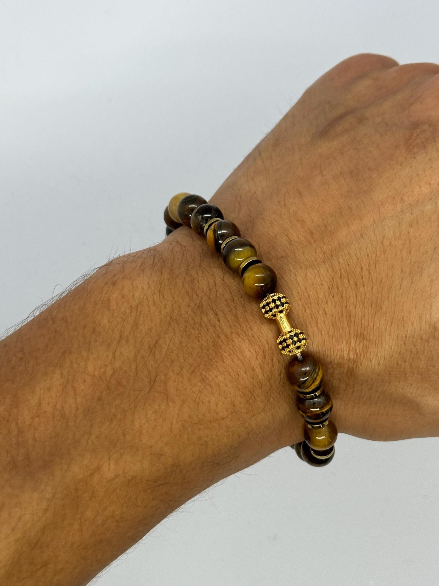 Gold Dumbbell Tiger Eye Bracelet for Him, Unique Gift Sacral Chakra Protection Gemini,Scorpio, Taurus, Cancer, Hematite Gym Bracelet for Men