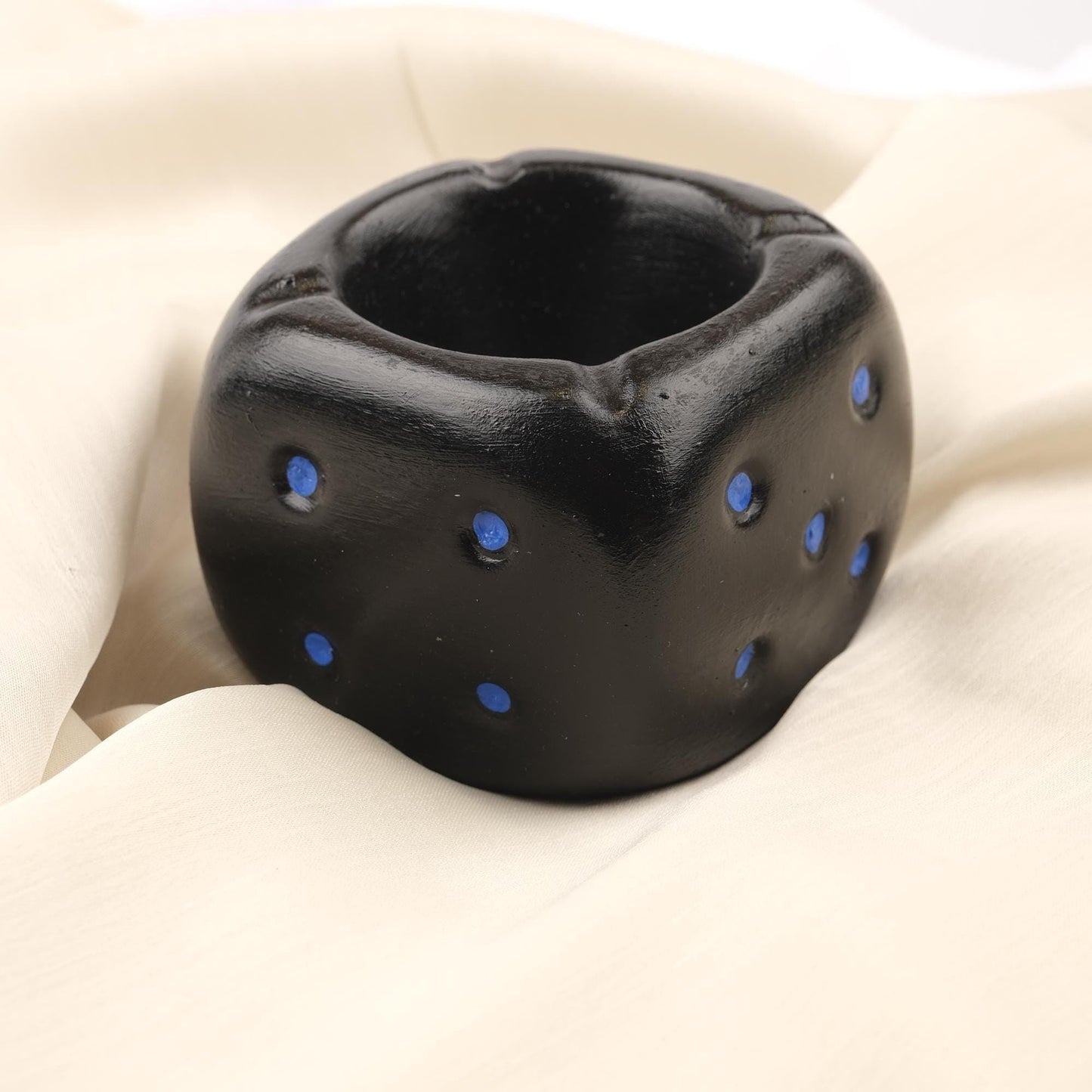 Black Dice Ashtray with Blue Dots, Casino Style Smoking Tray, Funky Handmade Cube Decor for Game Nights Unique Gift Idea