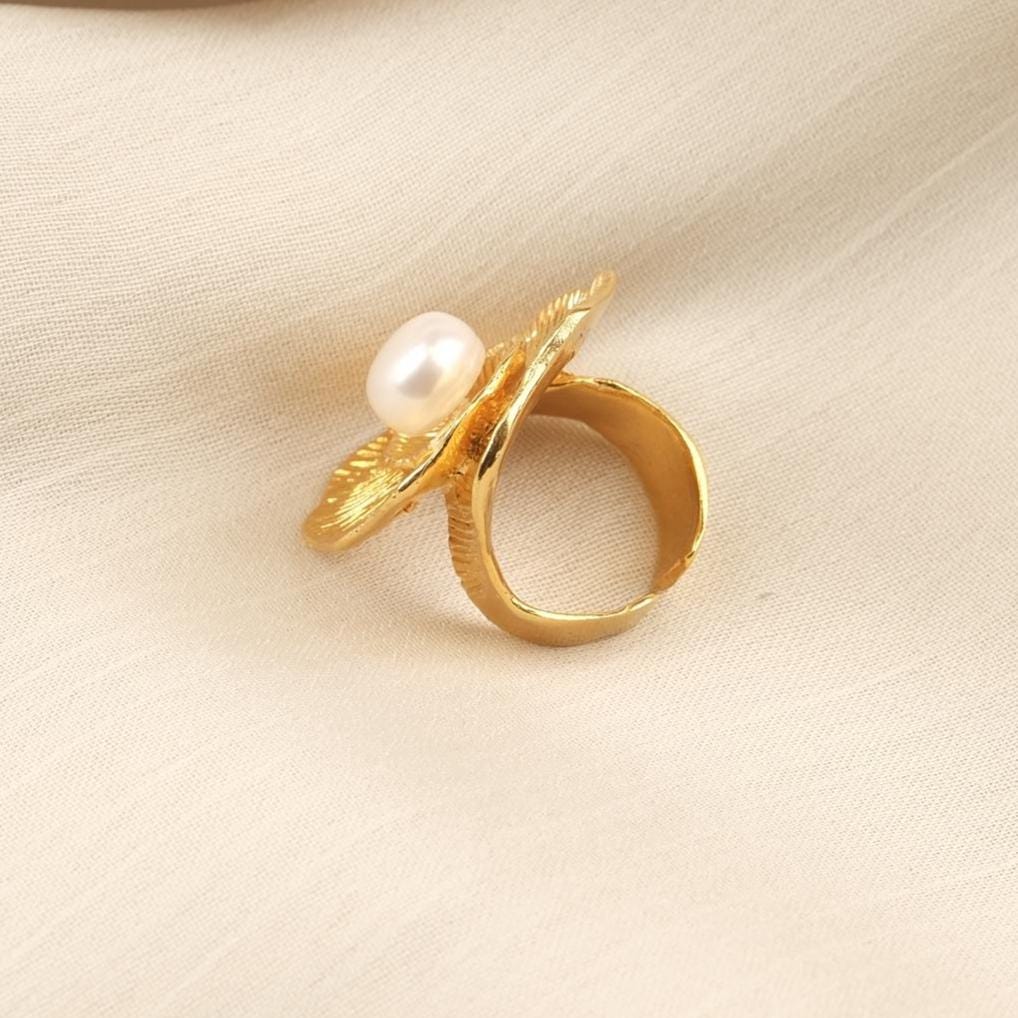 Handmade Genuine Pearl Ring Flower Design & Antique Looking And Vintage Style Timeless Gold Plated Adjustable , Elegant Bold Jewelry Gift