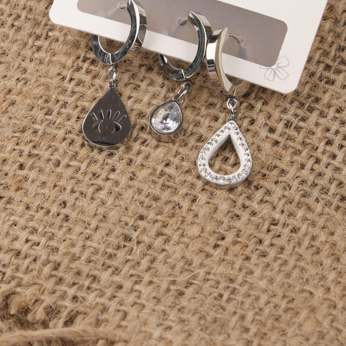 Silver Eye, Drop And Diamond Earrings Set Of 6, Refined Hypoallergenic Jewelry For Women, Symbolic Minimalism In Brass