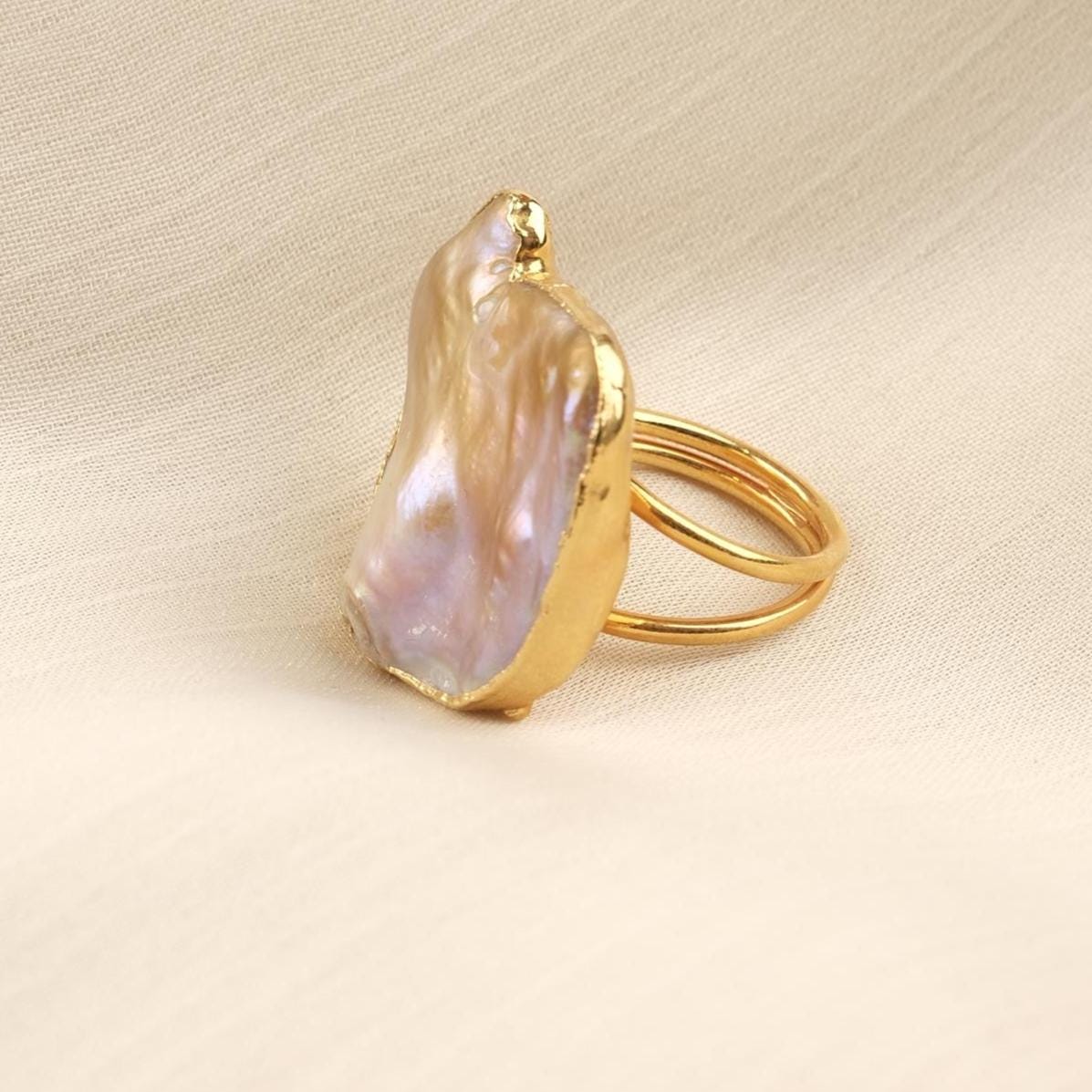 Handmade Genuine Pearl Statement, Antique Looking And Vintage Style Gold Plated Ring With Sculptural Artistic Abstract Design For Women