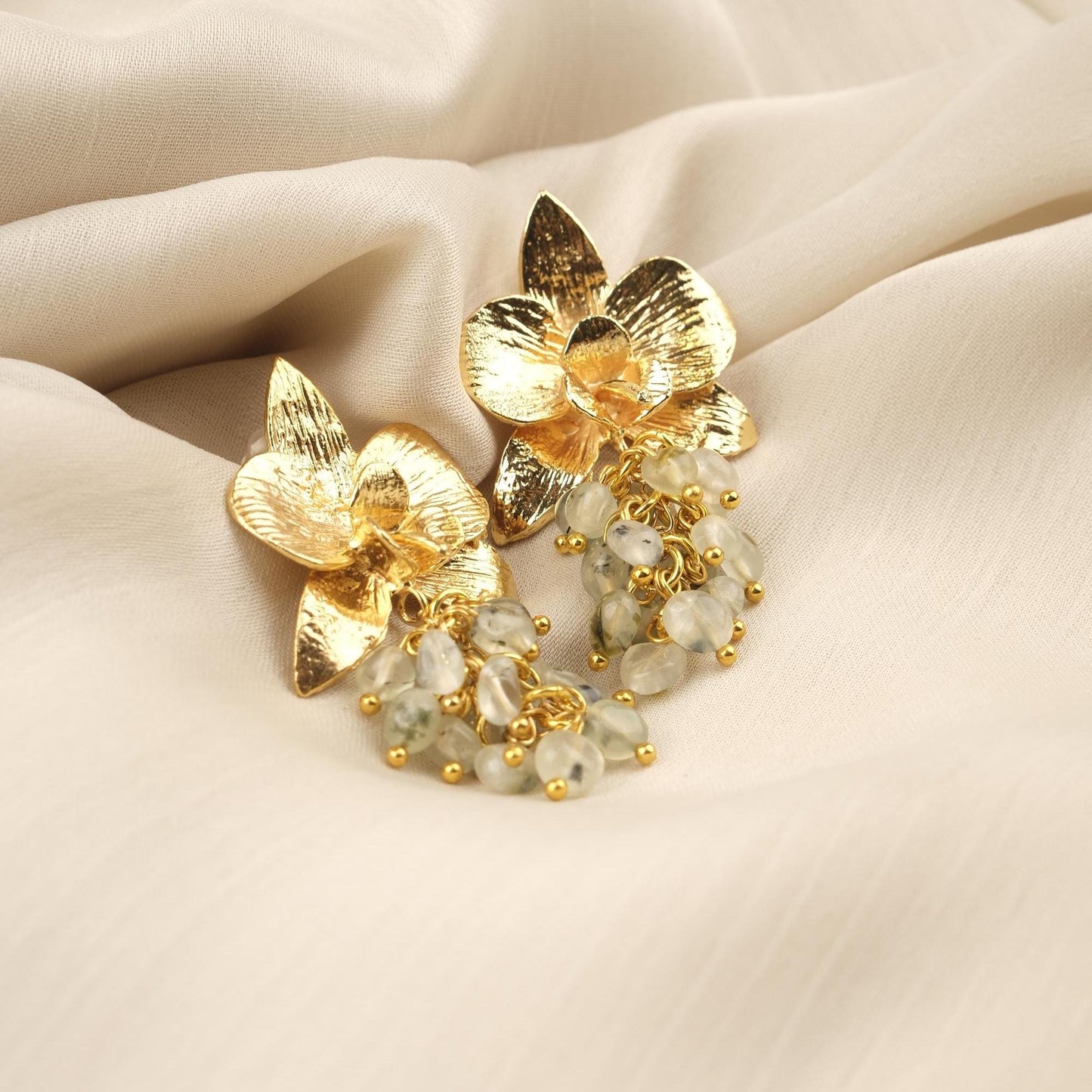 Prenhite Handmade Gold Plated Floral Stud Earrings With Gemstone Grapes, Artistic Botanical Jewelry, Statement Design For Elegant Looks