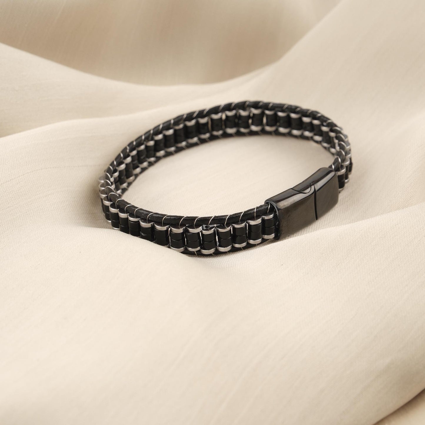 Handmade Hematite & Genuine Leather Men's Bracelet, Bold Black , Titanium Lock, Elegant Statement Piece | 22 cm (8.66 in) gift