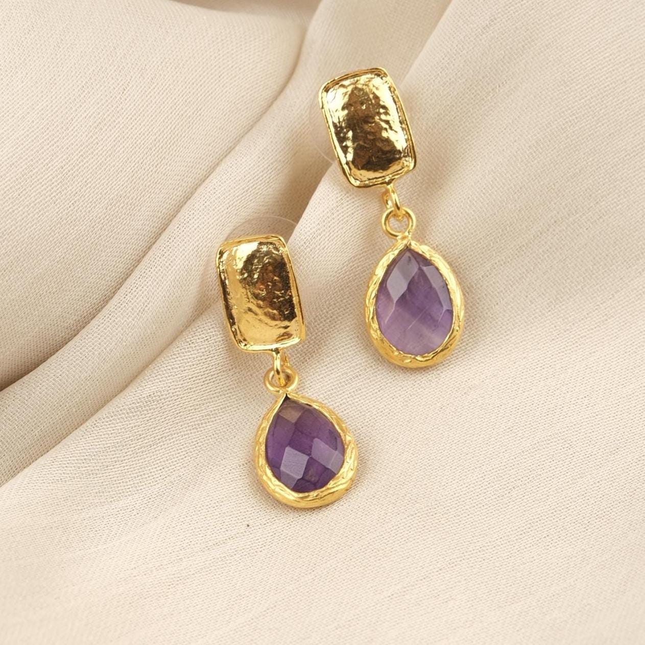 Handmade Gold Plated Stud Earrings with Birthstone Amethyst Gemstone, Elegant Drop Design, Antique Looking Jewelry, Unique Gift for Her