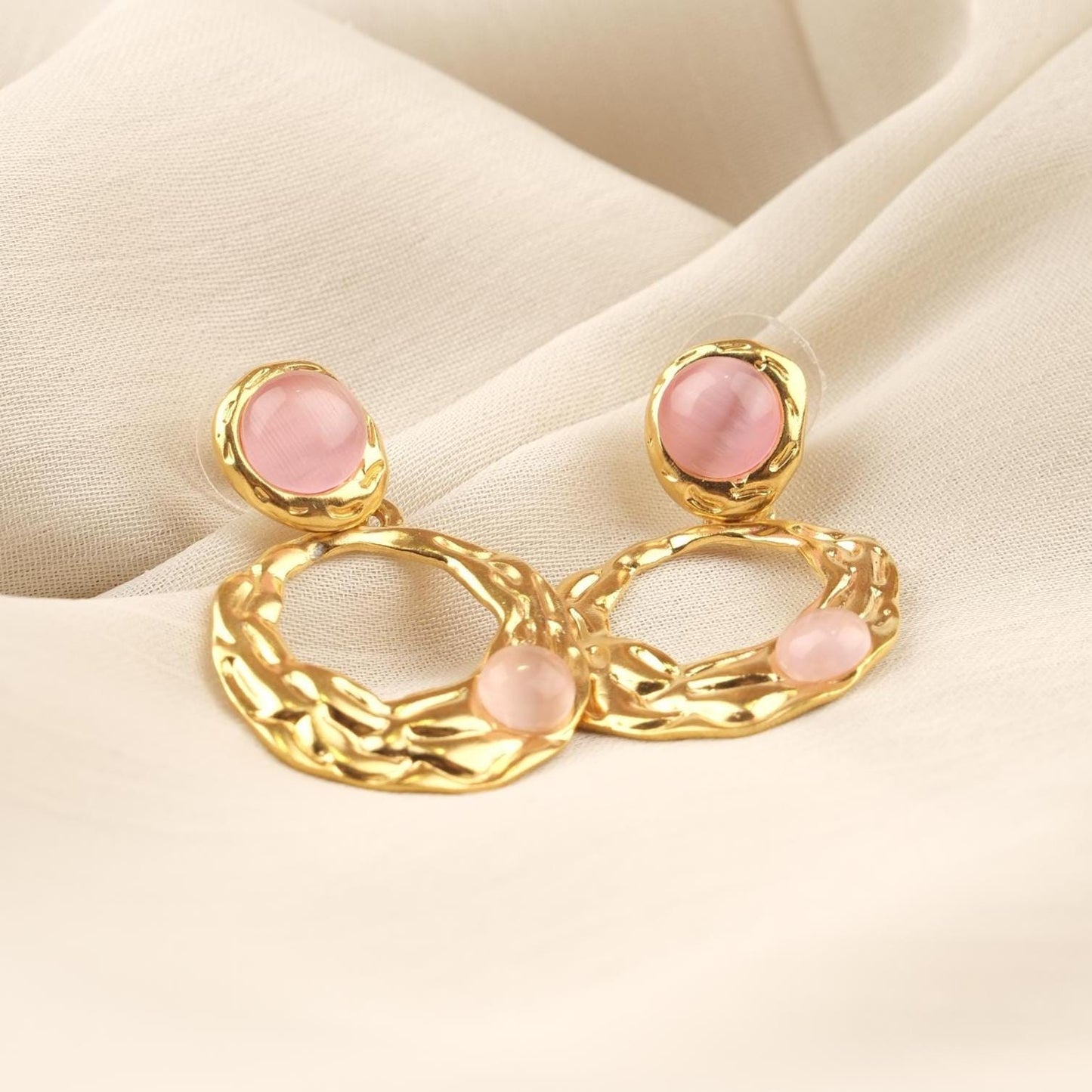 Handmade Gold Plated Stud Earrings with Rose Quartz Gemstones, Artistic Drop Design, Vintage Style Elegant Gift, Unique Statement Jewelry