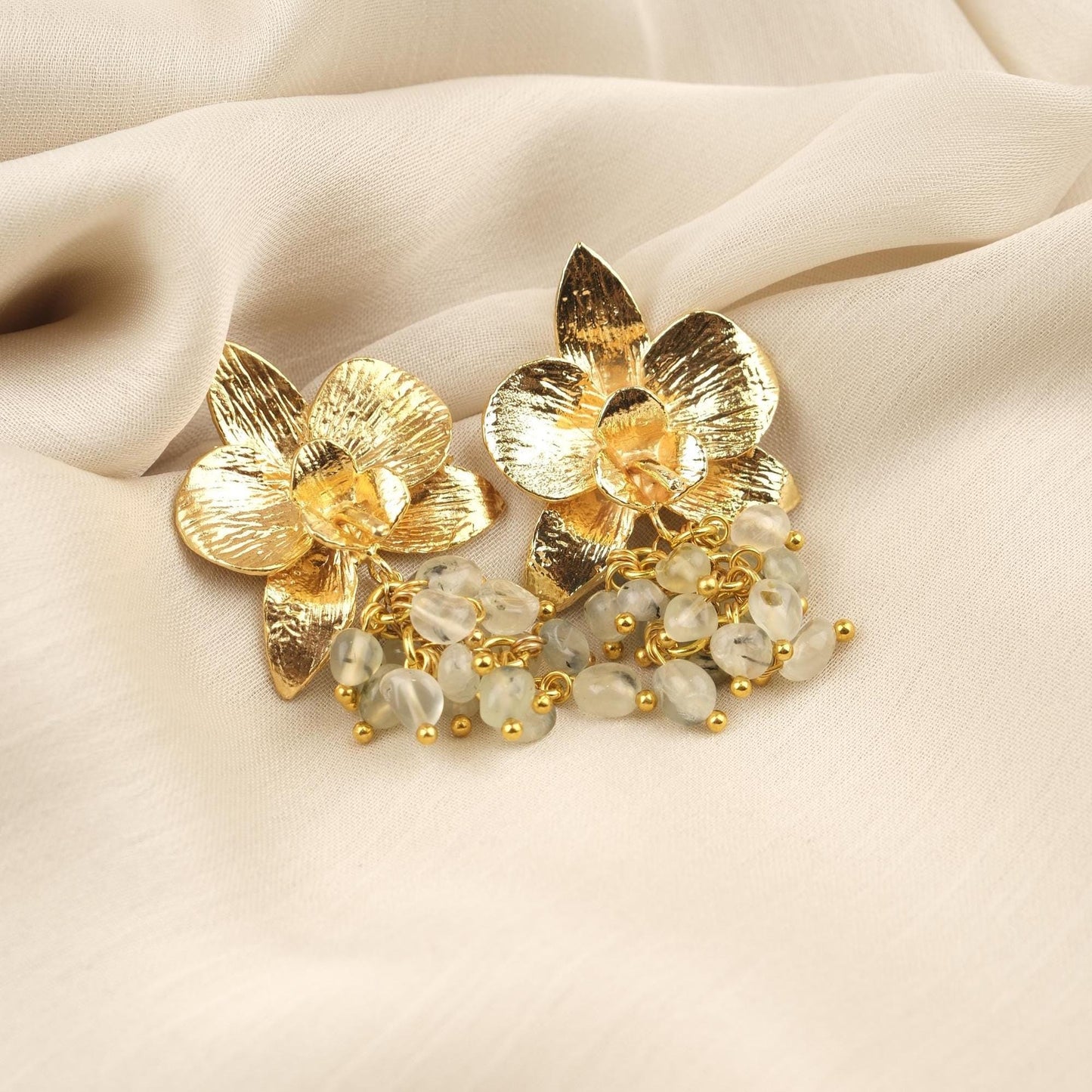 Prenhite Handmade Gold Plated Floral Stud Earrings With Gemstone Grapes, Artistic Botanical Jewelry, Statement Design For Elegant Looks