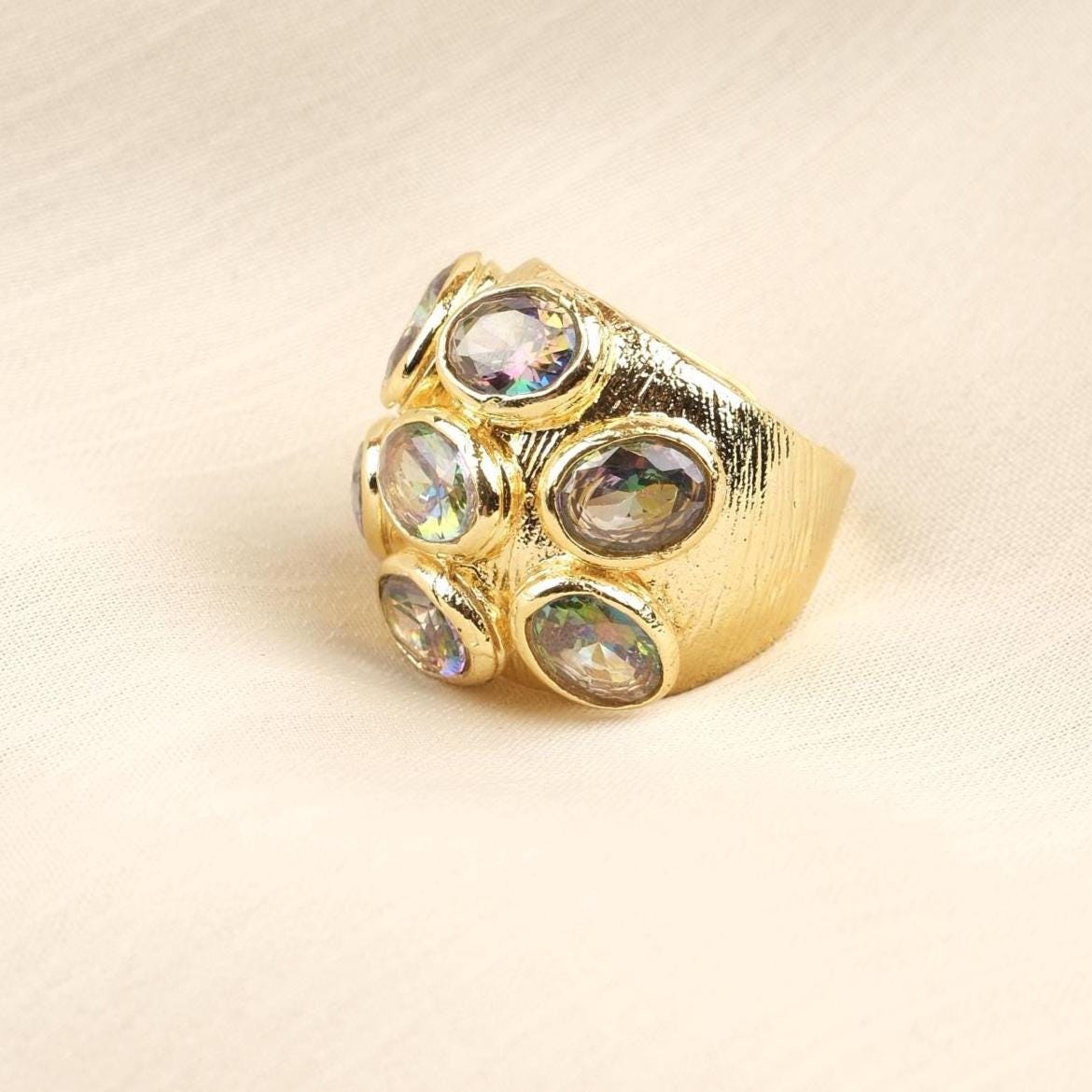 Handmade Ottoman Style Ring With Green Gemstone Cluster, Antique Looking And Vintage Style Gold Plated Ring With Regal And Artistic Details