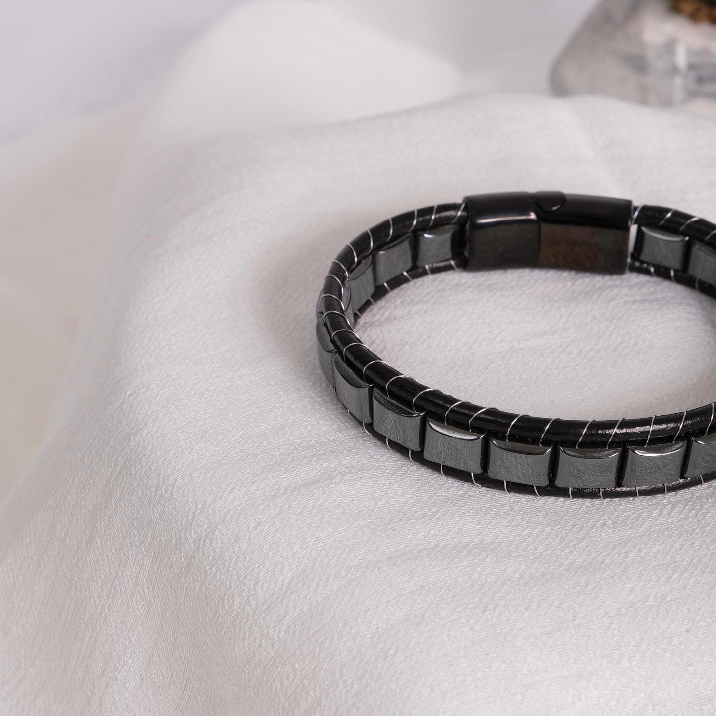 Hematite and Black Leather Men's Bracelet | Titanium Lock – 22cm(8.66in) Stainless Steel Finish Masculine and Durable with