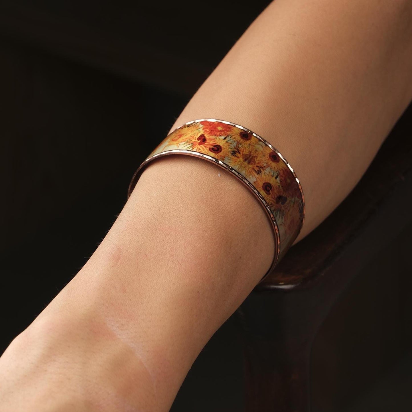 Vincent Van Gogh "Vase with Fifteen Sunflowers" Bracelet in Pure Copper, Handmade Adjustable Bangles | Antique Looking Vintage Style Gift
