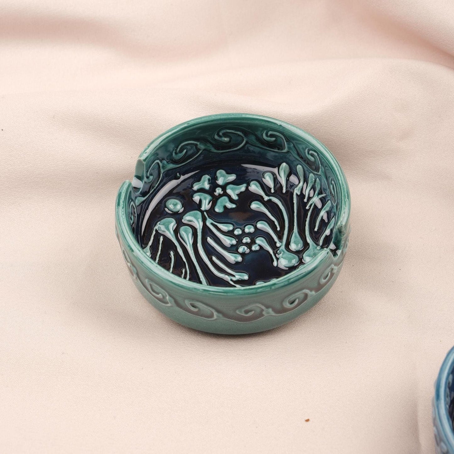 BUY 1 GET 1 Sunstone Balance – Gray & Blue Mandala Ashtray Set of 2, Handmade Ceramic with Anatolian Design, Boho Chic Decor