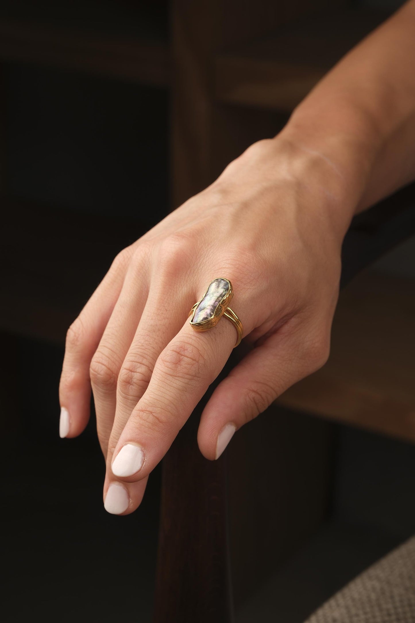 Handmade Black Genuine Pearl Statement, Antique Looking & Vintage Style Gold Plated Ring With Sculptural Artistic Abstract Design For Women