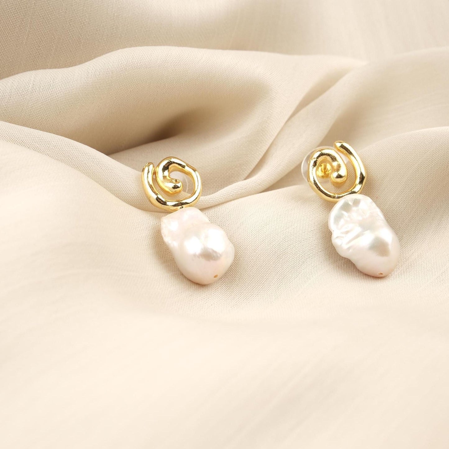 Handmade Genuine Pearl Abstract Modern Earrings, Artistic Gold Plated Studs, Unique Organic Baroque Design For Elegant Statement Style