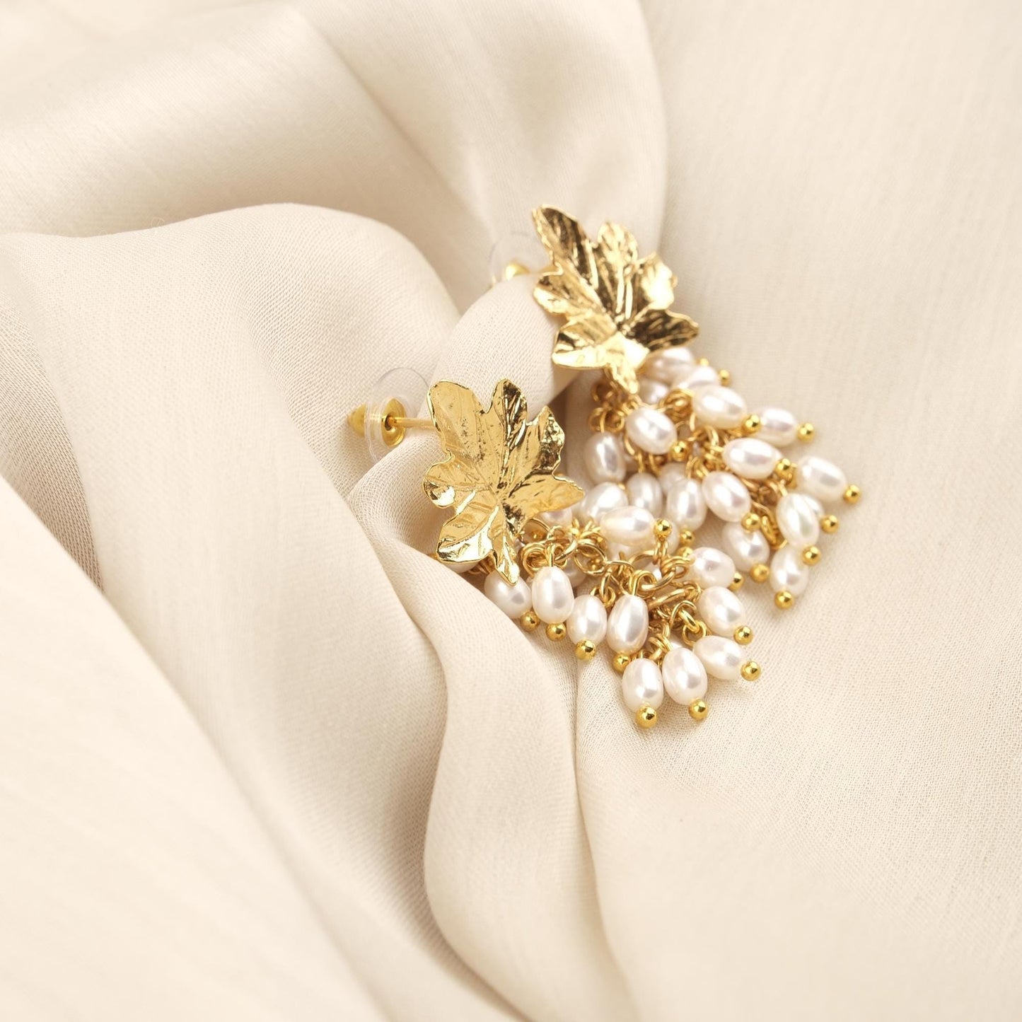 Handmade Genuine Pearls, Grape Stud Earrings, Gold Plated Artistic Cluster Design with Fresh Water Pearls Antique Looking Gift for Women