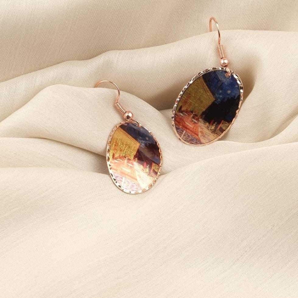 Vincent van Gogh “Café Terrace at Night” Dangle Earrings in Pure Copper, Artistic Design | Handmade Vintage Style, Antique Looking Gift