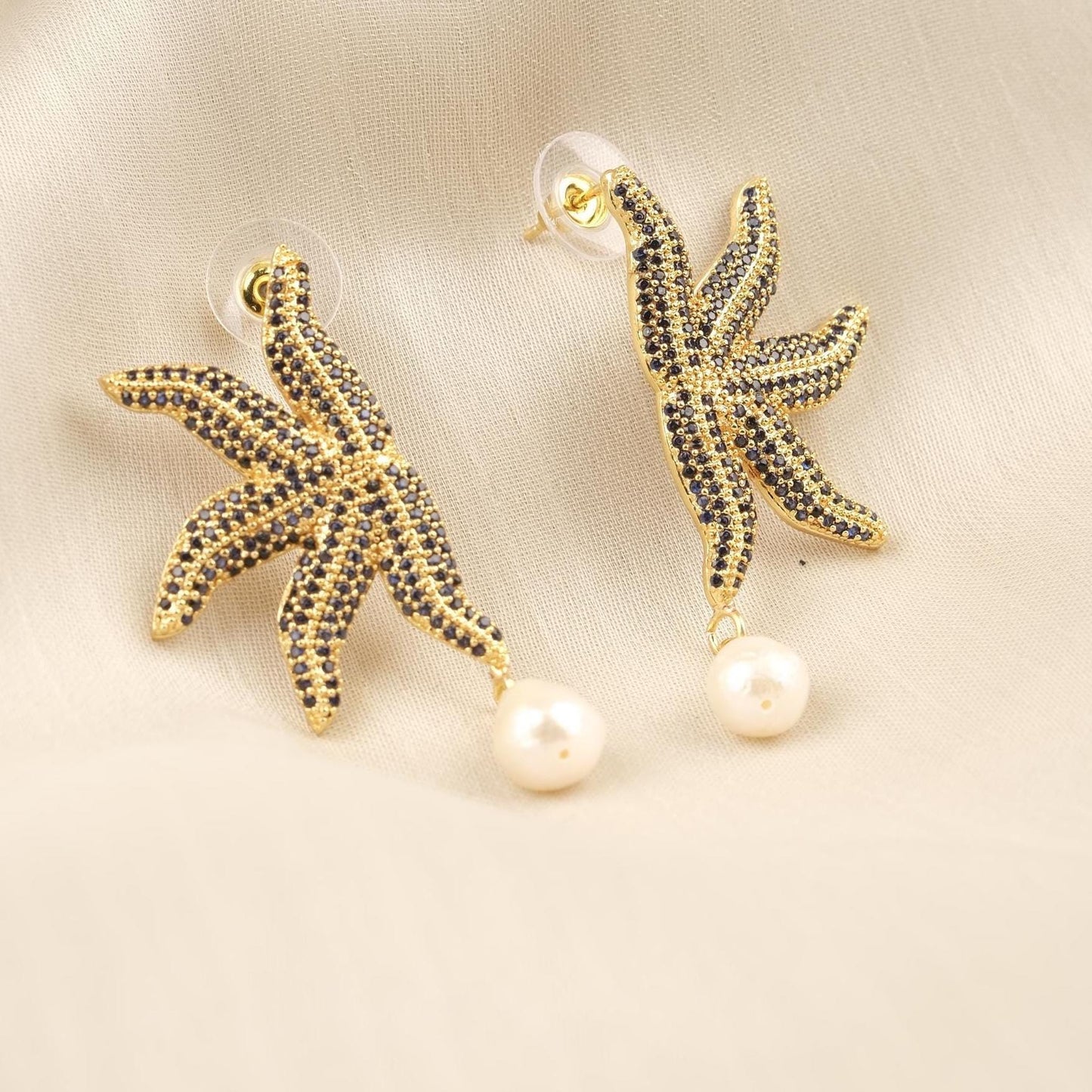 Handmade Real Pearl & Starfish Stud Earrings with Genuine Freshwater Pearl, Light Artistic Ocean-Inspired Design, Elegant Marine Style Gift