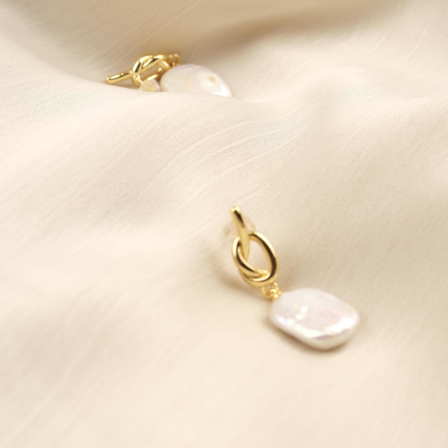 Handmade Genuine Pearl Tie Style Studs, Gold Plated Twisted Detail Earrings, Elegant Minimalist Jewelry For Women, Modern Freshwater Charm