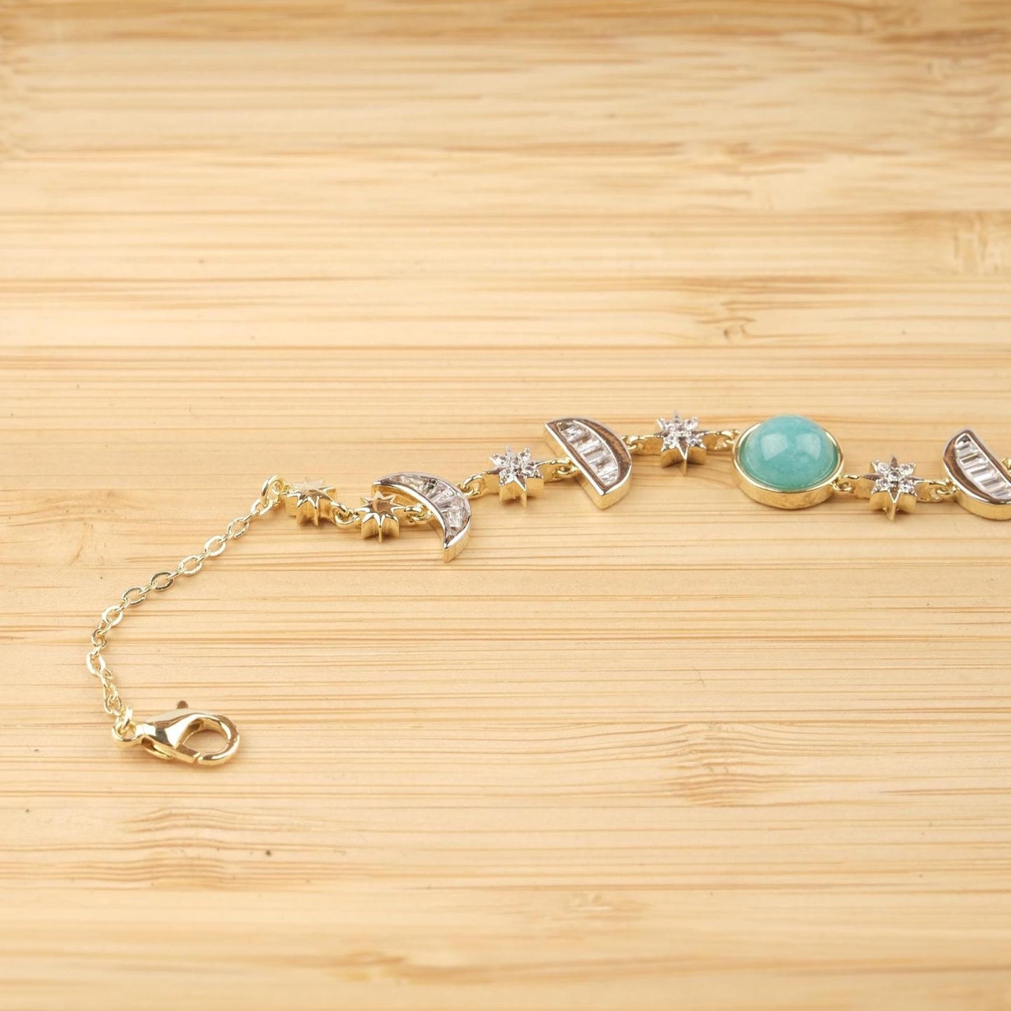 Celestial Moon & Star Bracelet for Women, Gold Charm Bracelet with Sky Blue Stone, Dainty Astrology Jewelry Gift for Her, 22cm / 8.66in