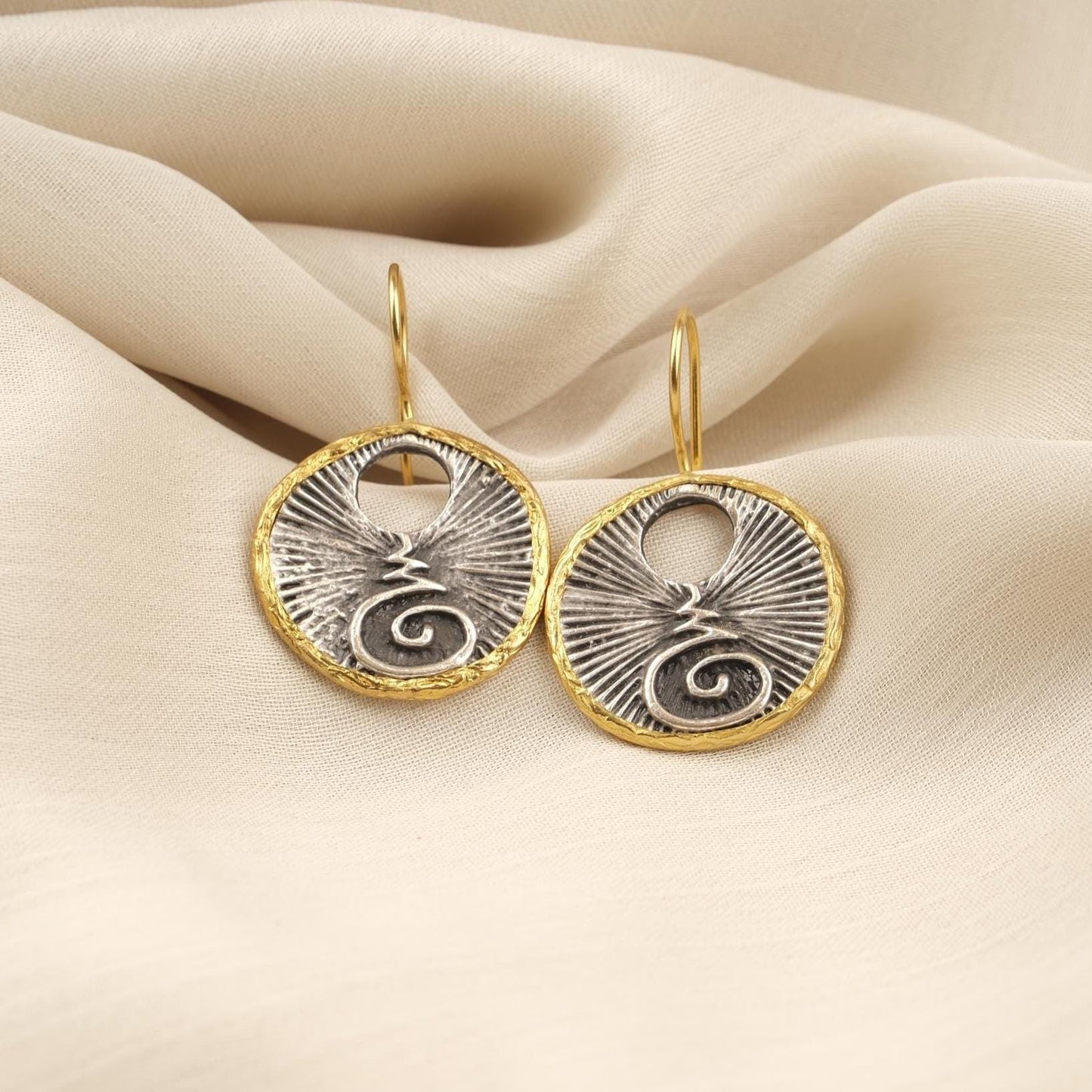 Handmade Abstract Chakra Dangles, Symbol Earrings, Dual Tone Gold Plated Bohemian Jewelry, Unique Artistic Design With Spiritual Symbolism