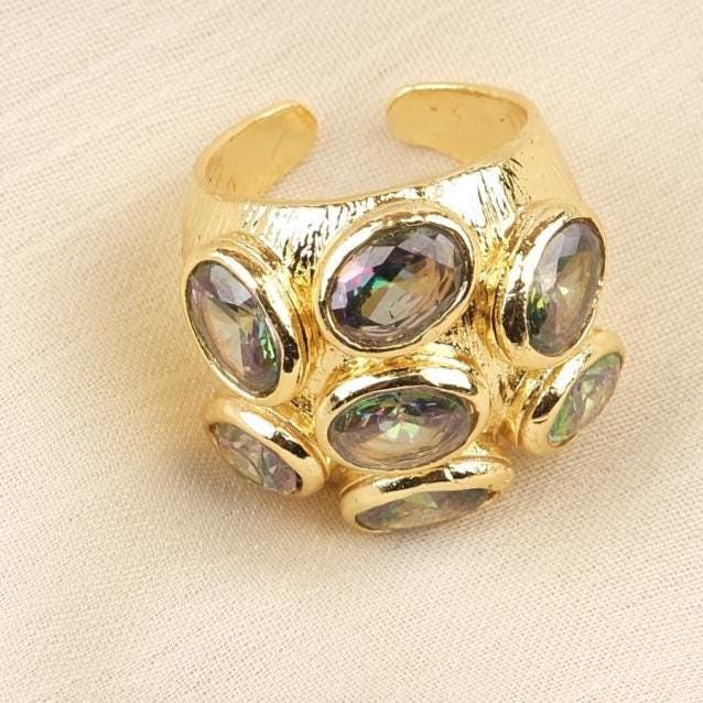 Handmade Ottoman Style Ring With Green Gemstone Cluster, Antique Looking And Vintage Style Gold Plated Ring With Regal And Artistic Details