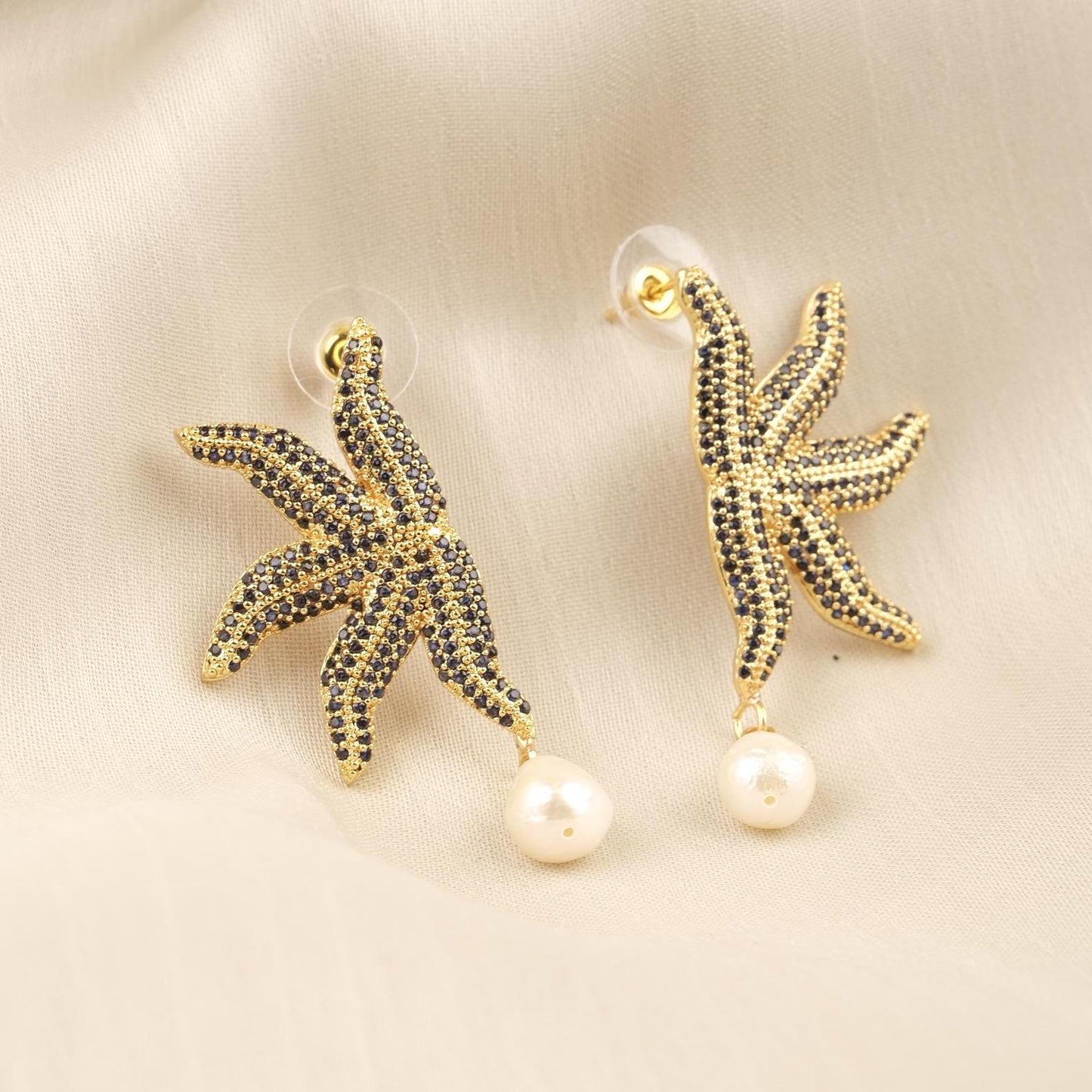 Handmade Real Pearl & Starfish Stud Earrings with Genuine Freshwater Pearl, Light Artistic Ocean-Inspired Design, Elegant Marine Style Gift