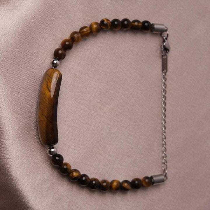 Brown and Classic Adjustable Gemstone Bracelet for Men, Chunky Chain Link | Rugged Modern Style | Masculine Jewelry Gift for Boyfriend