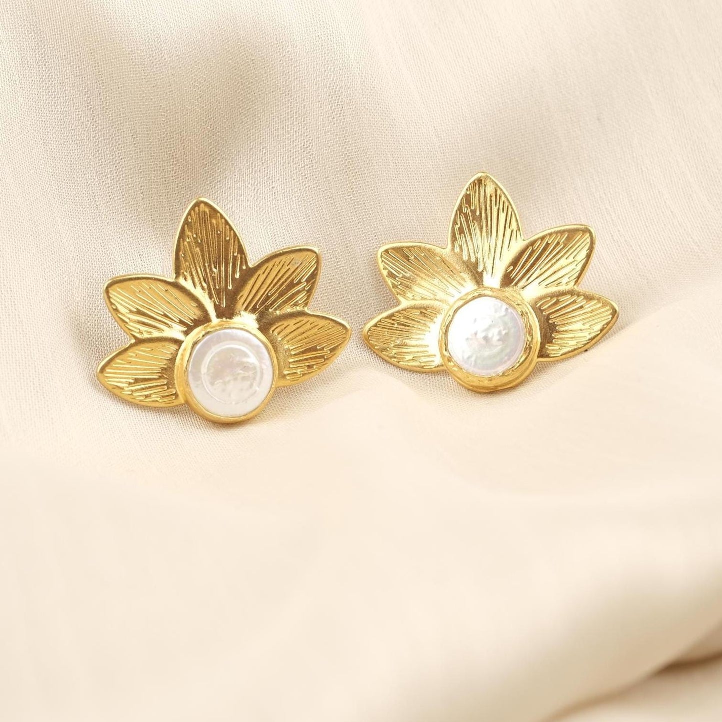 Handmade Real Pearl Lotus Flower Stud Earrings with Genuine Freshwater Pearl, Unique Zen Mode Jewelry, Antique Looking Nature-Inspired Gift