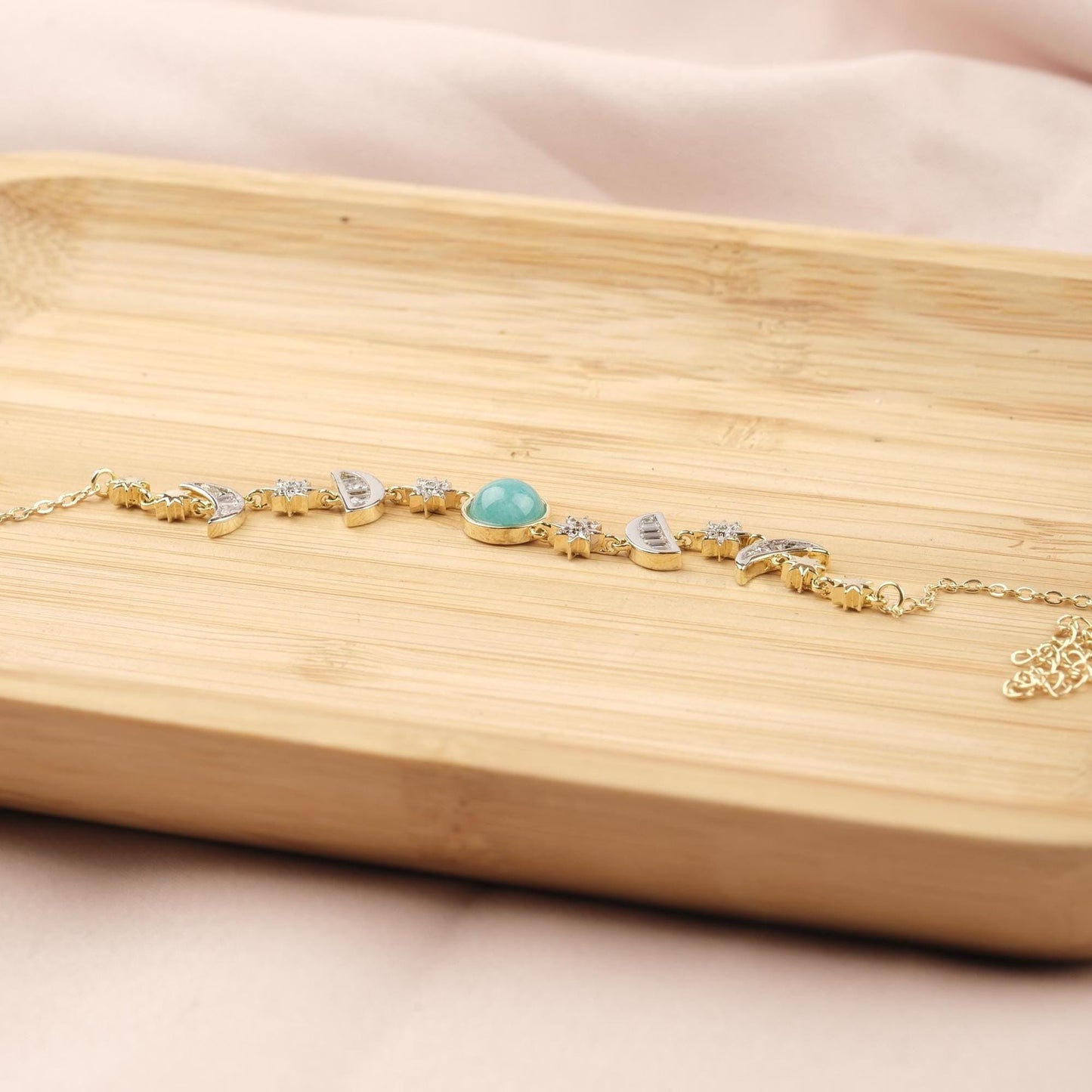 Celestial Moon & Star Bracelet for Women, Gold Charm Bracelet with Sky Blue Stone, Dainty Astrology Jewelry Gift for Her, 22cm / 8.66in